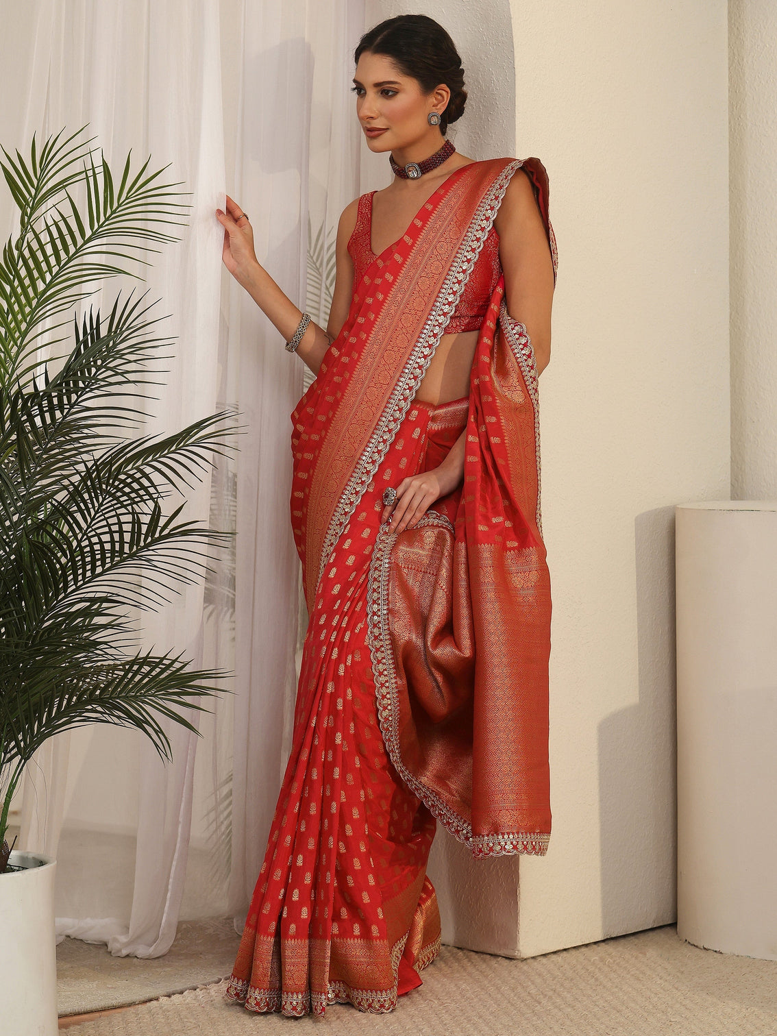 Mameraa Art Red Orange Woven Design Silk Blend Saree