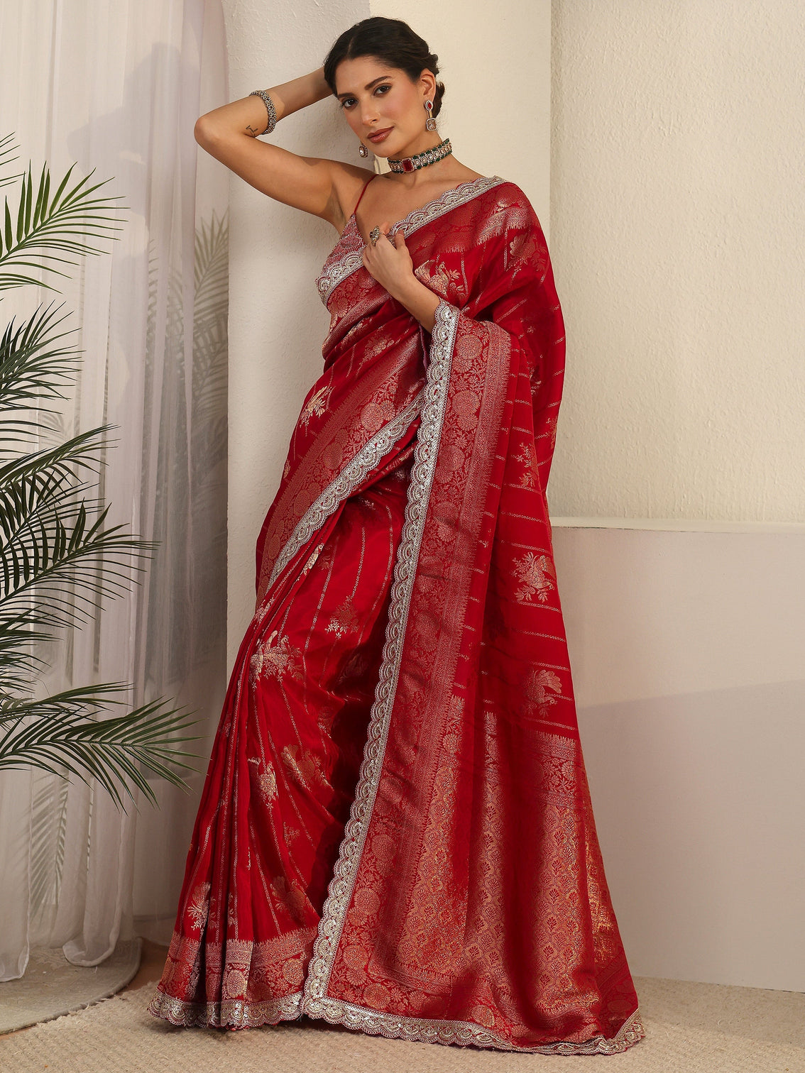 Mameraa Art Red Peacock Woven Design Silk Blend Saree
