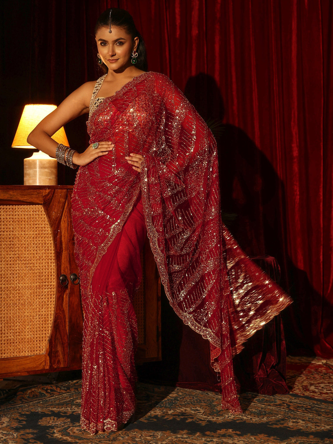 Mameraa Art Red Sequin Embellished Net Saree
