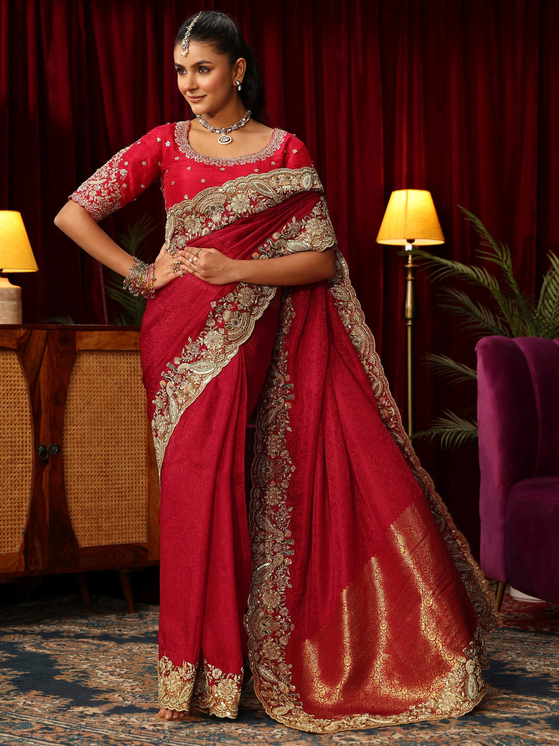 Mameraa Art Red Silk Blend Saree with Zari and Sequin Embellished Border