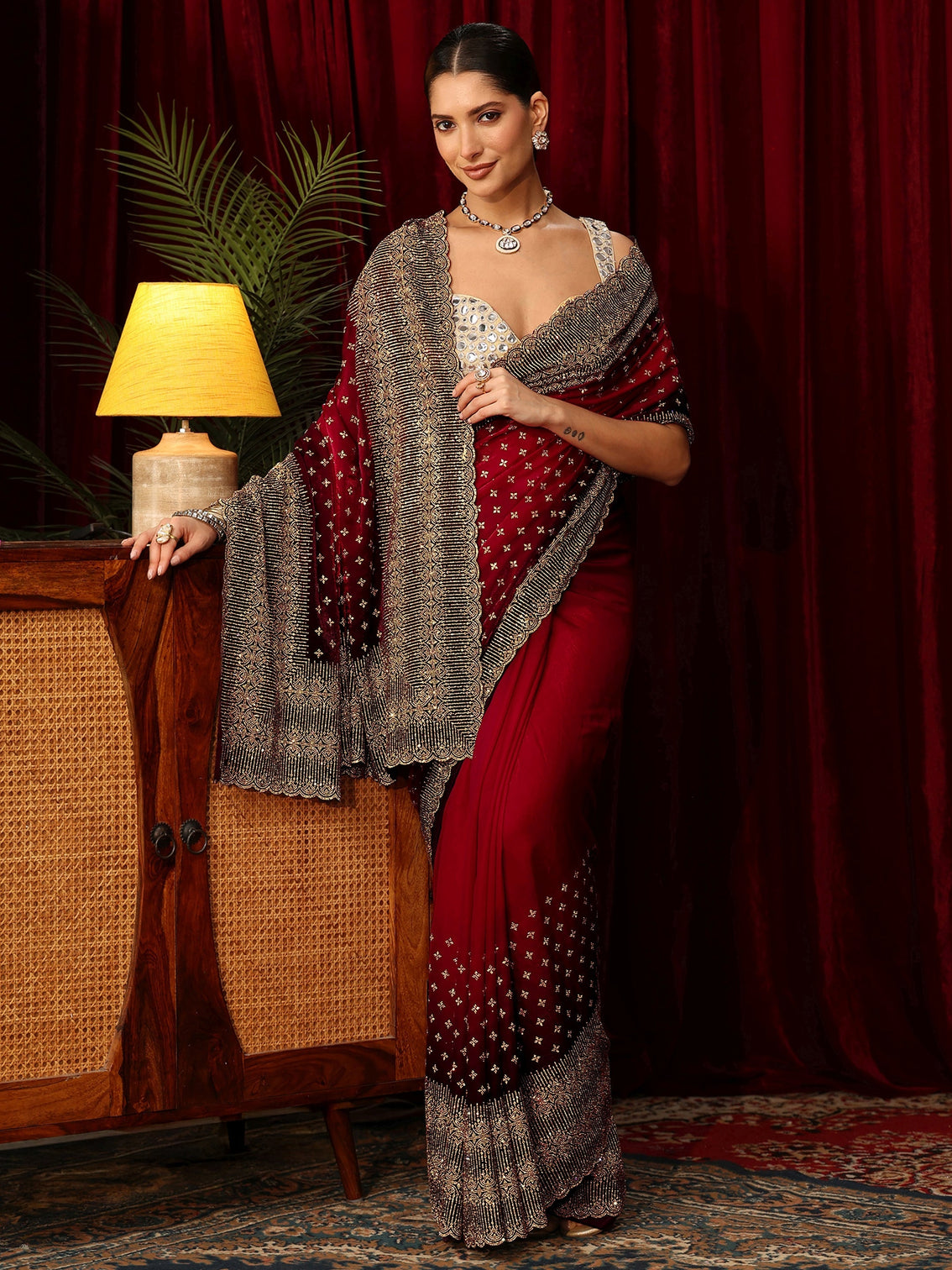 Mameraa Art Red Stone Work Embellished Tissue Saree