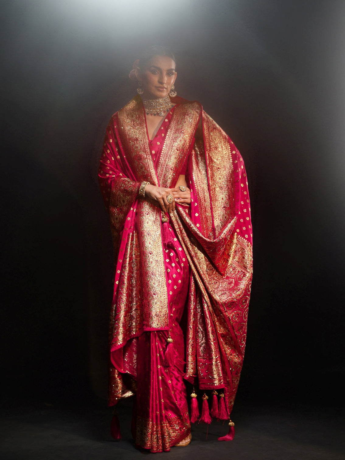Mameraa Art Rose Pink Embellished Banarasi Silk Blend Saree with Dupatta