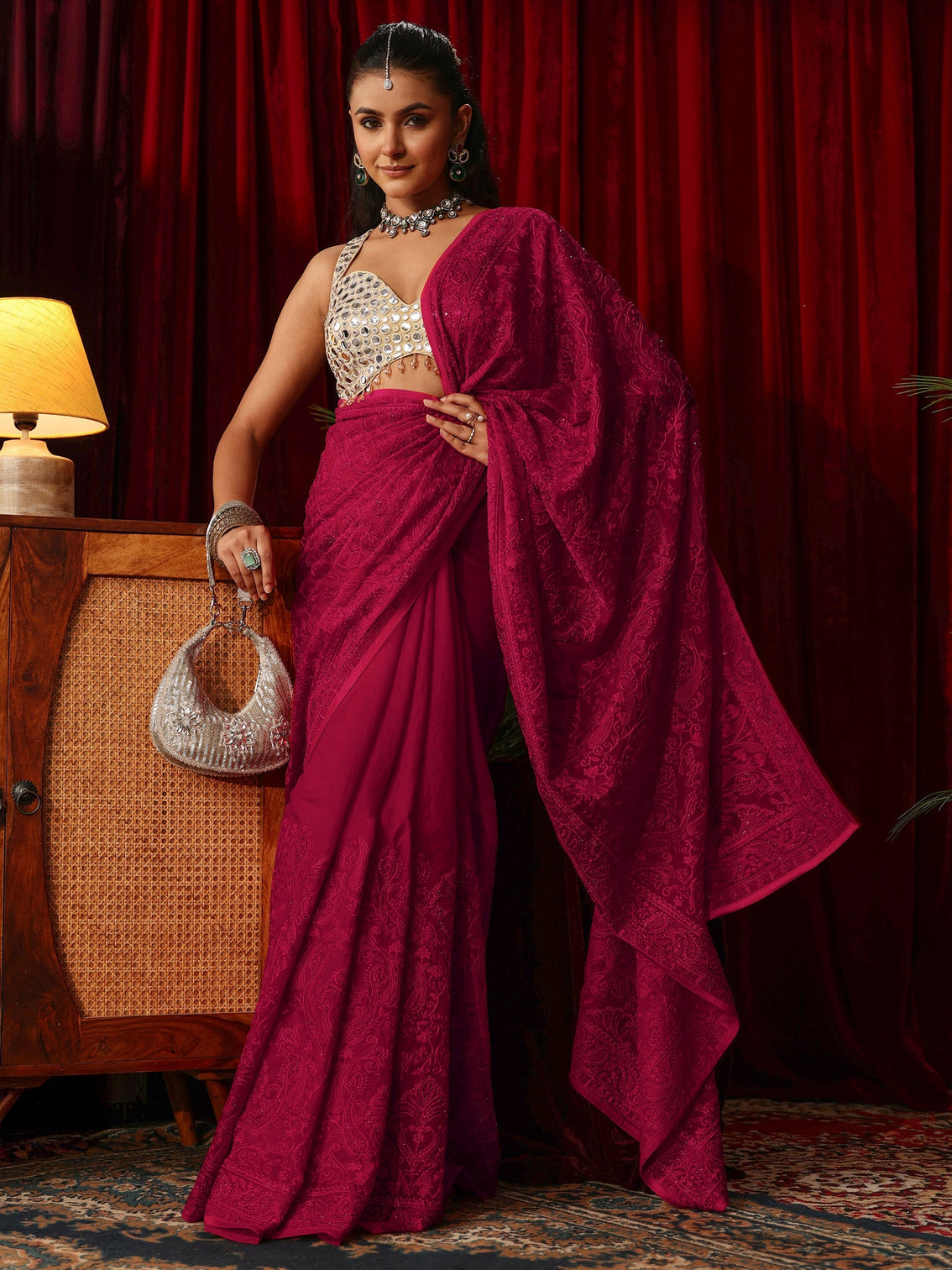 Mameraa Art Rose Pink Embroidered Tissue Saree with Stone Work