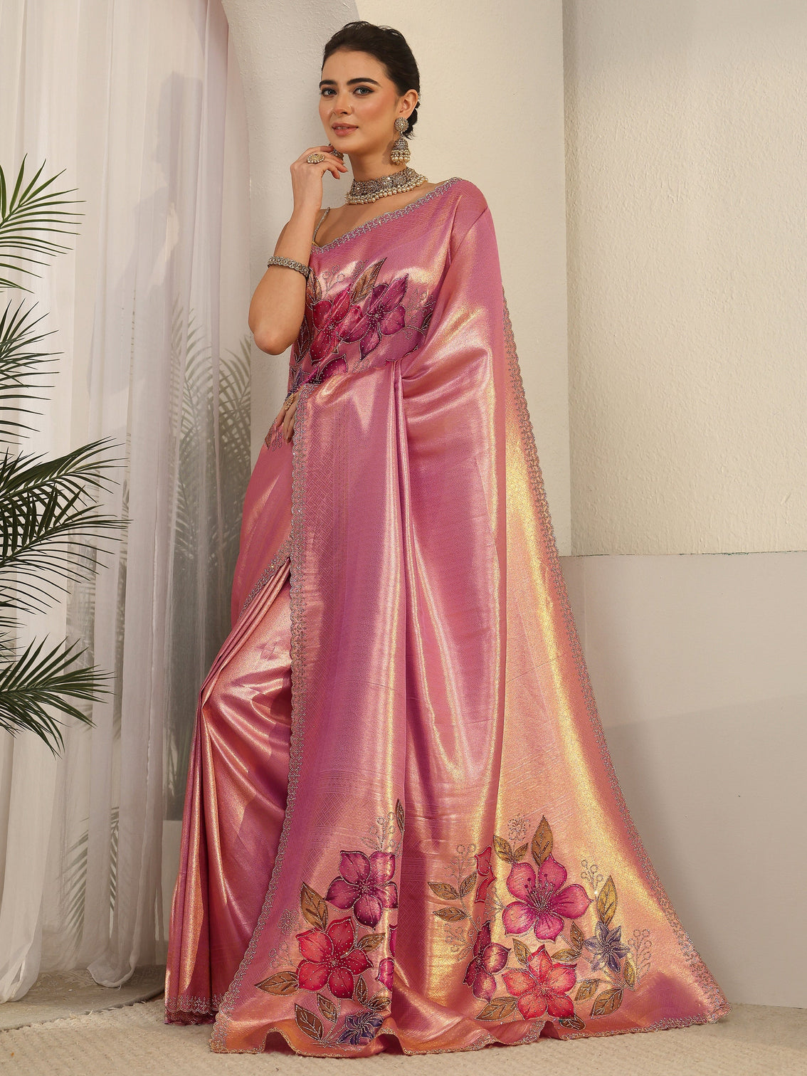 Mameraa Art Rose Pink Floral Embellished Silk Blend Saree