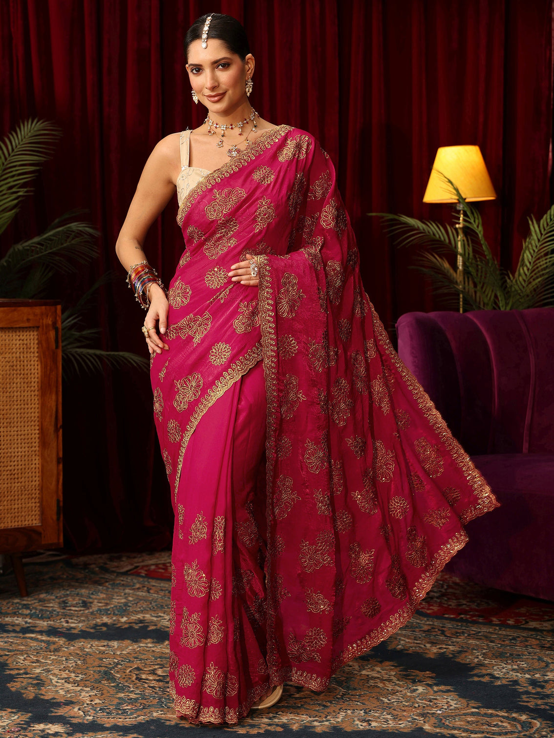 Mameraa Art Rose Pink Floral Embellished Tissue Saree
