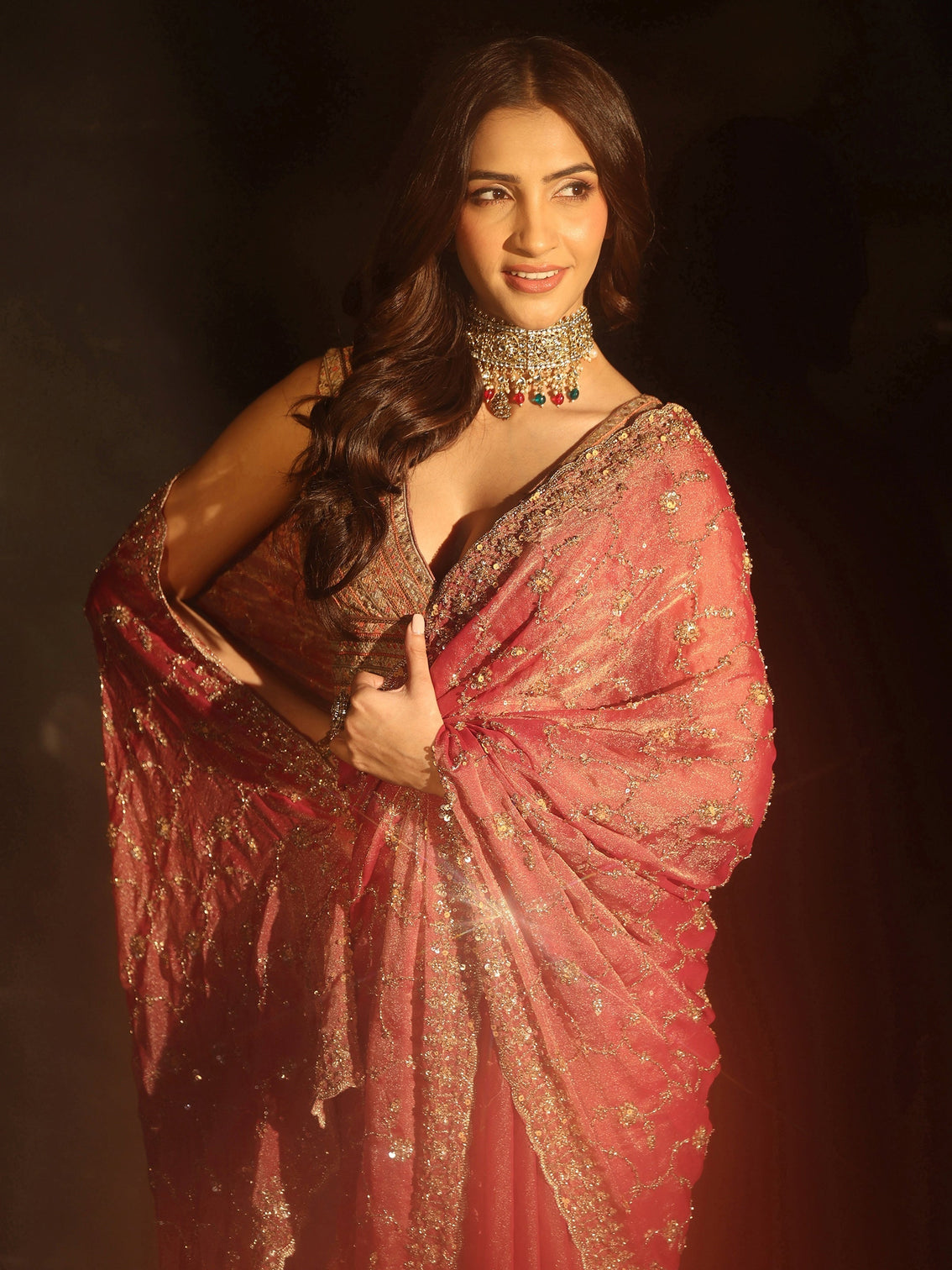 Mameraa Art Rose Pink Sequins Embellished Tissue Saree