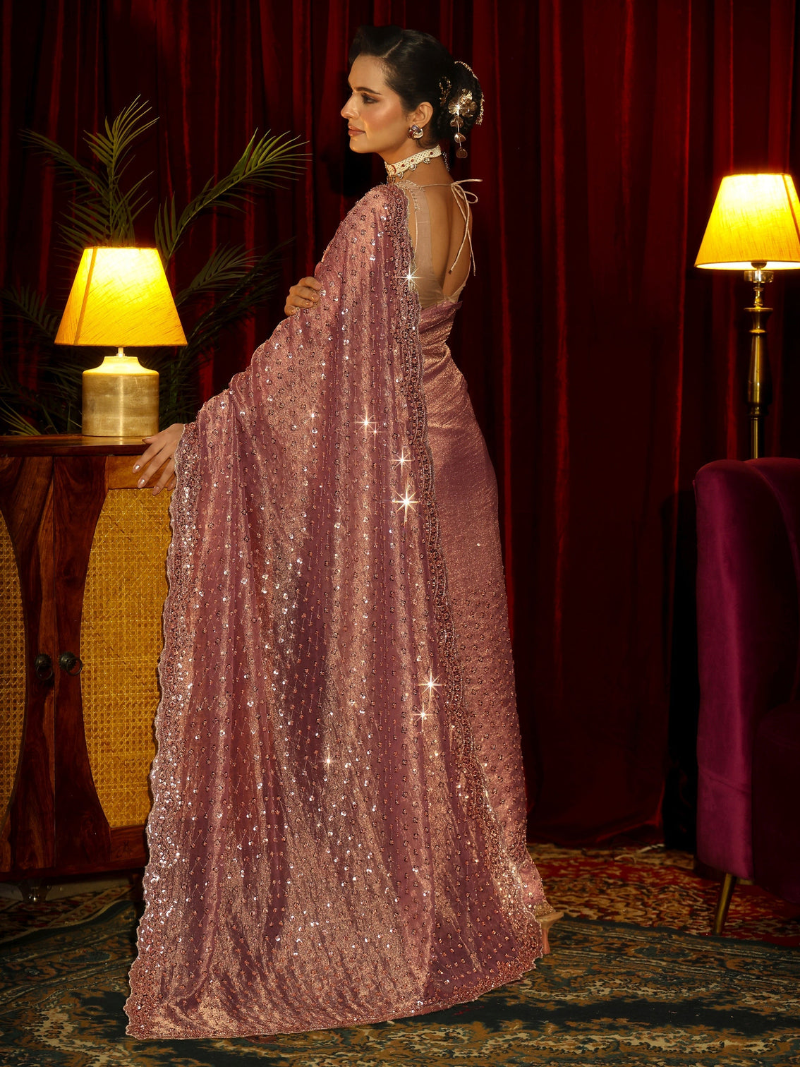 Mameraa Art Rose Pink Stone Work Embellished Tisue Saree