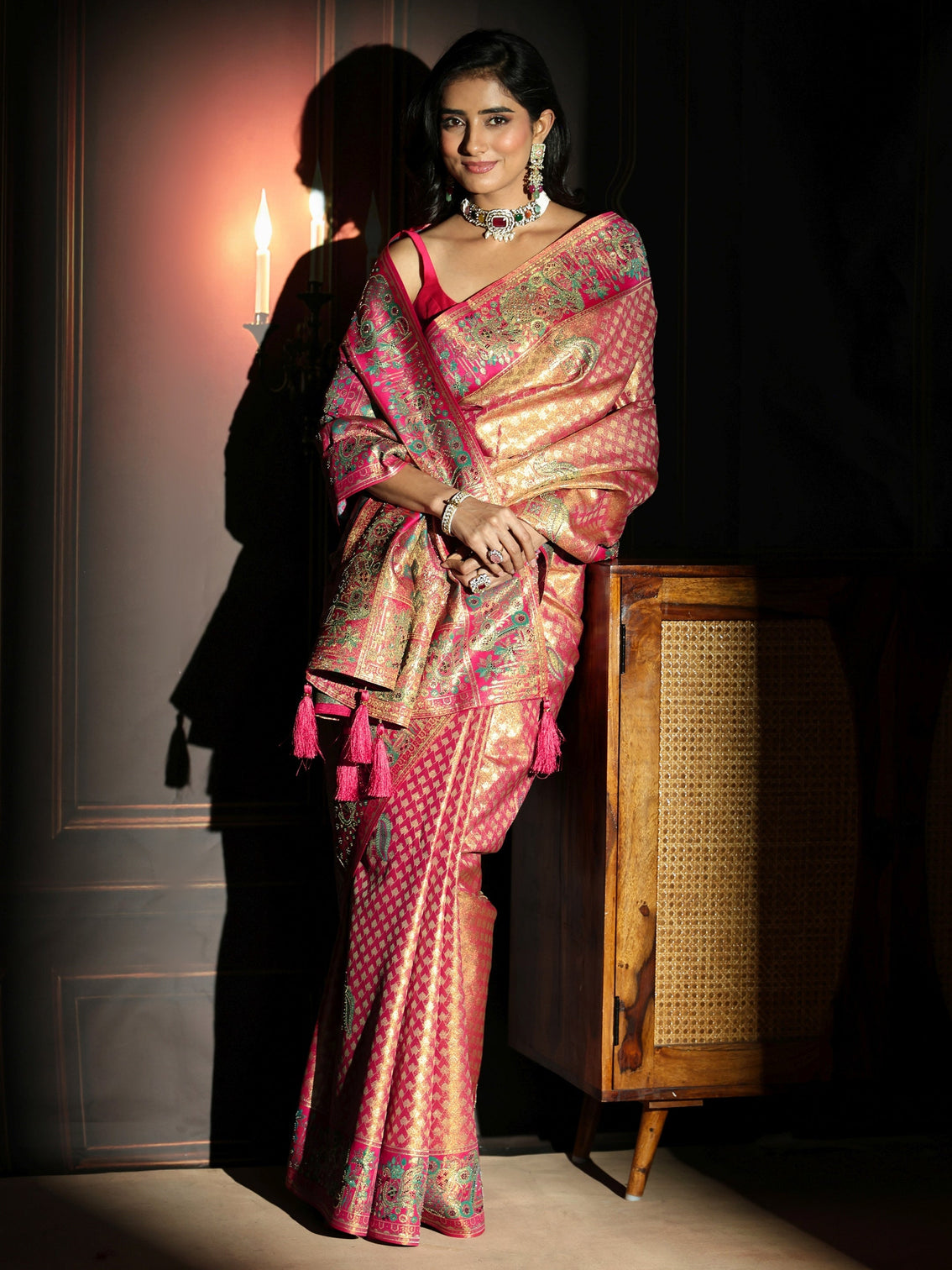 Mameraa Art Rose Pink Woven Design Silk Blend Saree