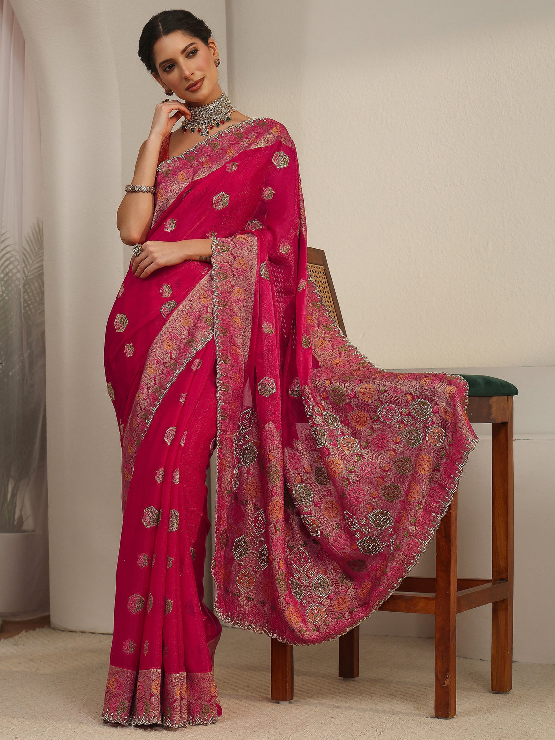 Mameraa Art Ruby Red Embellished Chiffon Saree