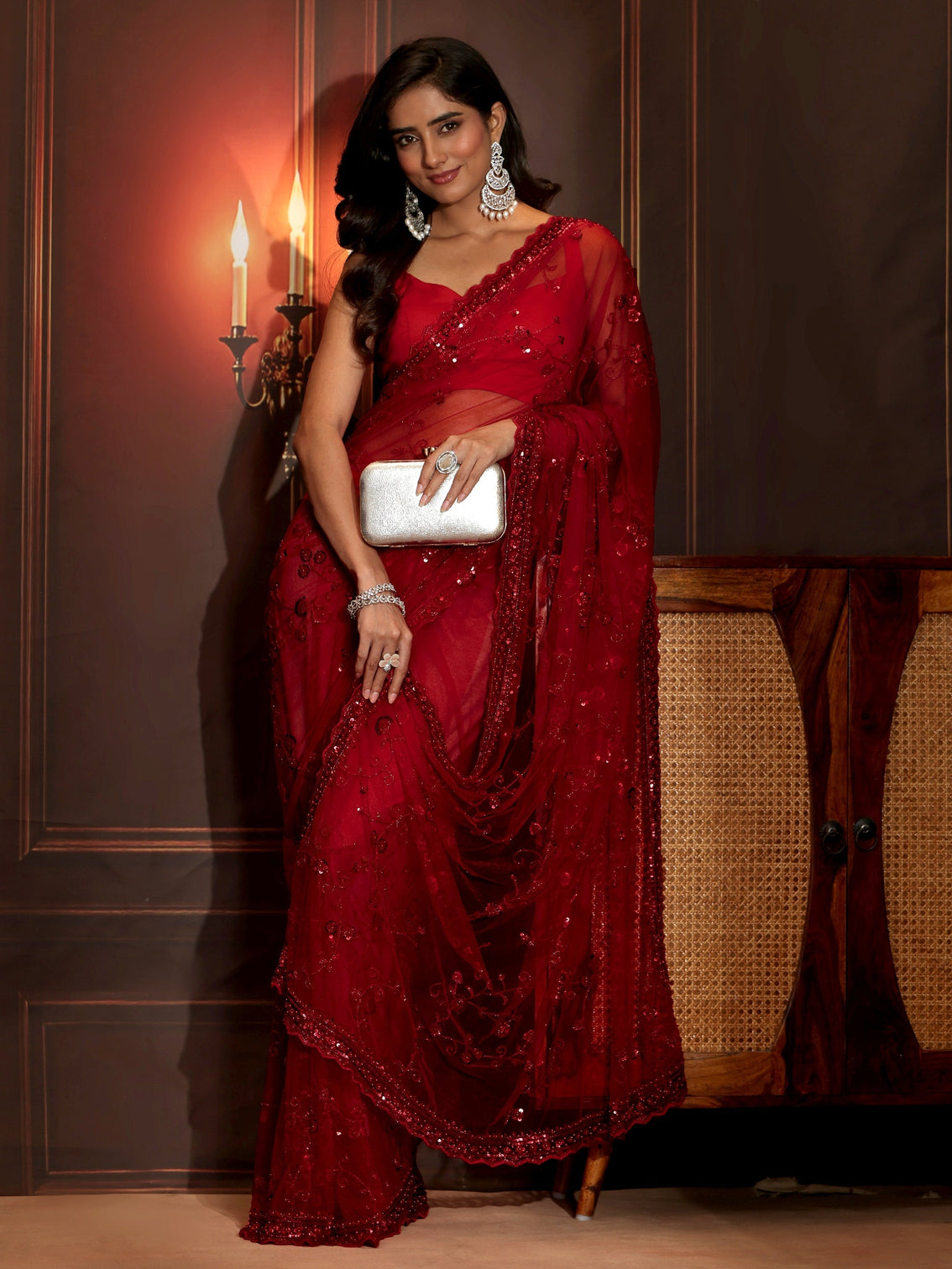 Mameraa Art Ruby Red Floral Embellished Net Saree