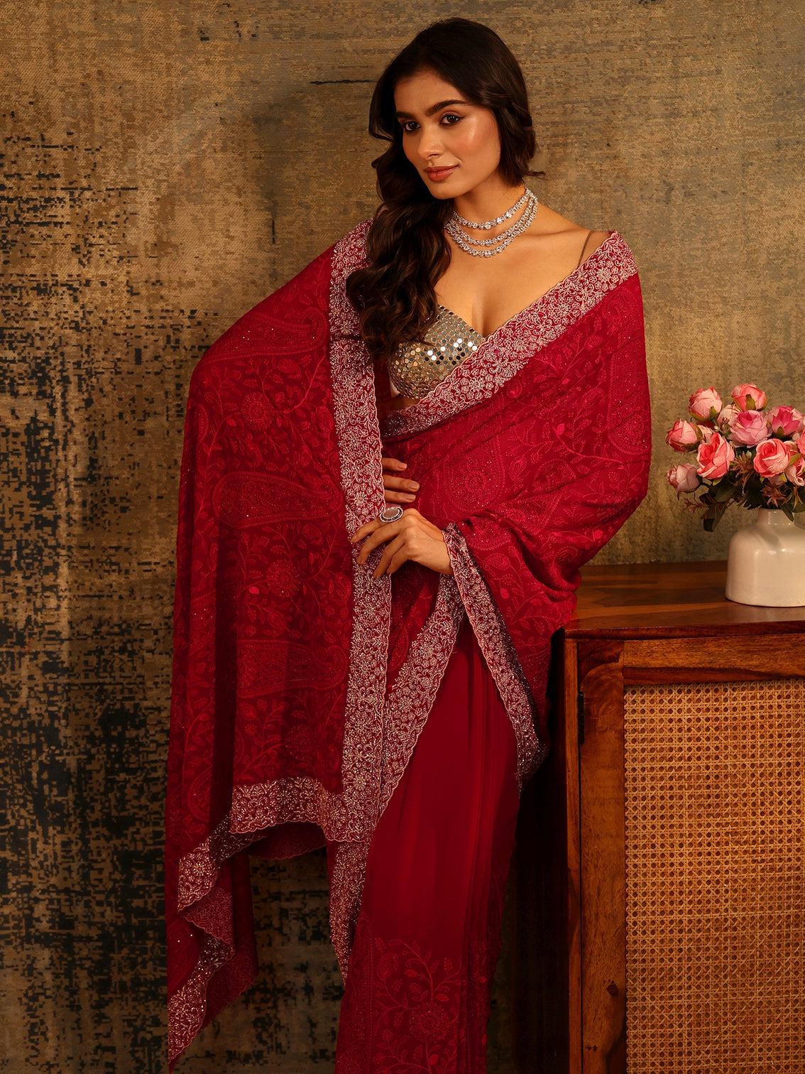 Mameraa Art Ruby Red Paisley Embroidered Georgette Saree