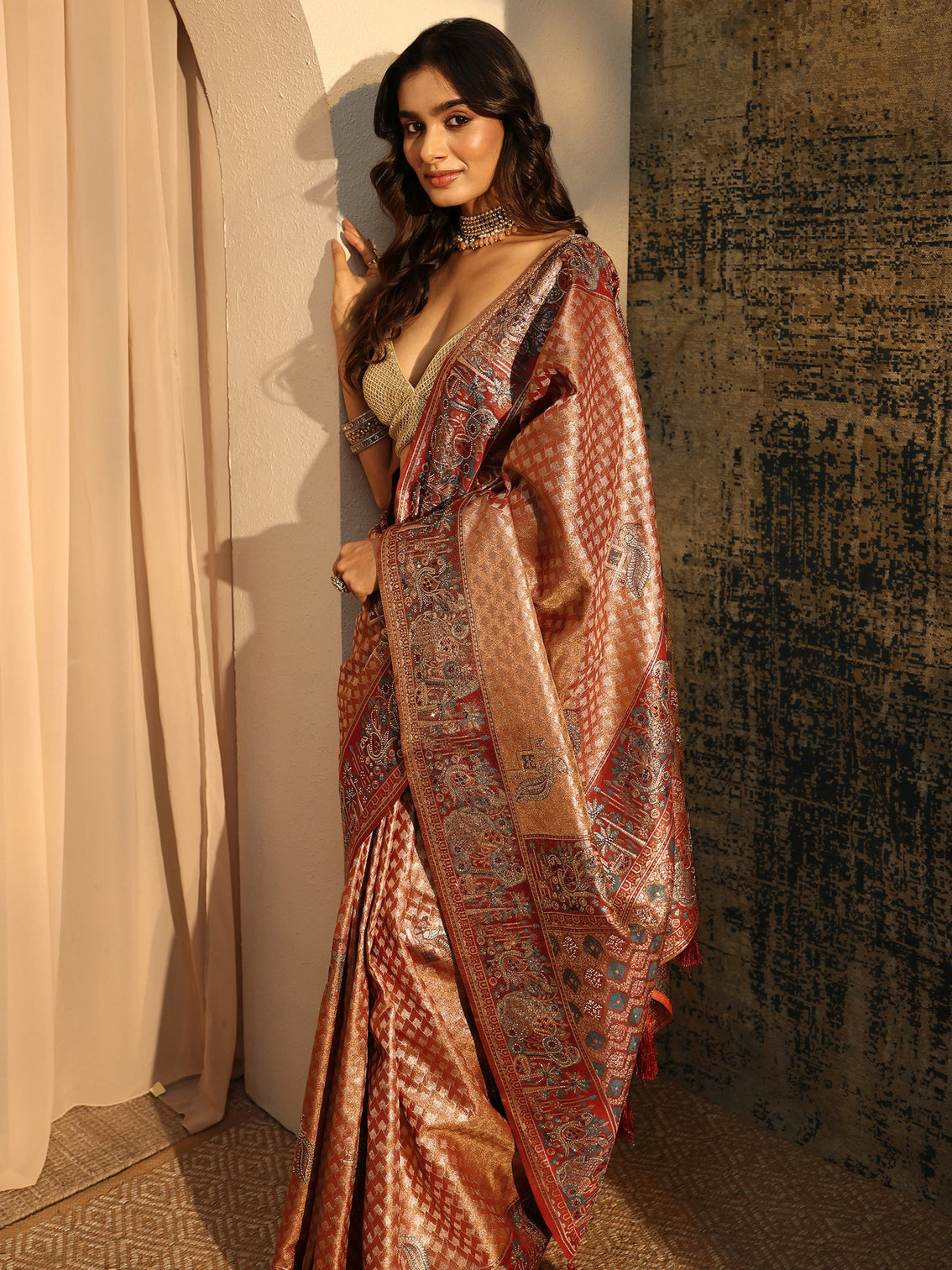 Mameraa Art Rust Brown Banarasi SIlk Blend Saree
