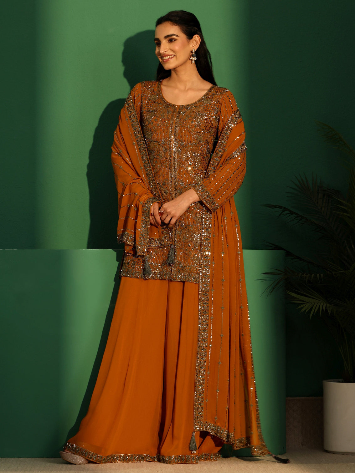 Mameraa Art Rust Brown Embellished Georgette Palazzo Suit Set
