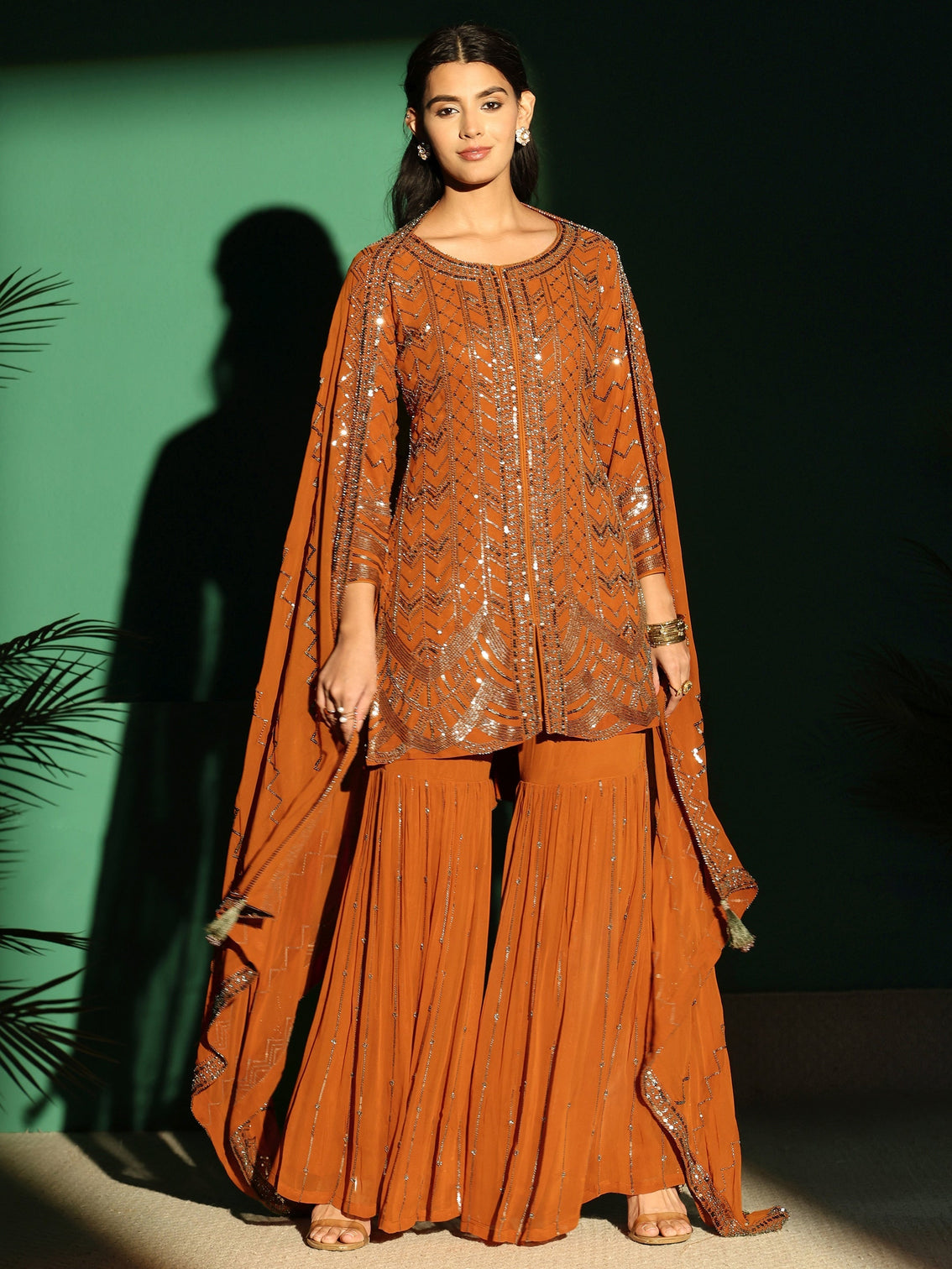 Mameraa Art Rust Brown Embellished Georgette Sharara Suit Set