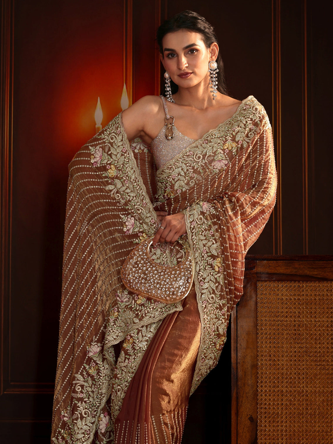 Mameraa Art Rust Brown Embellished Tissue Saree