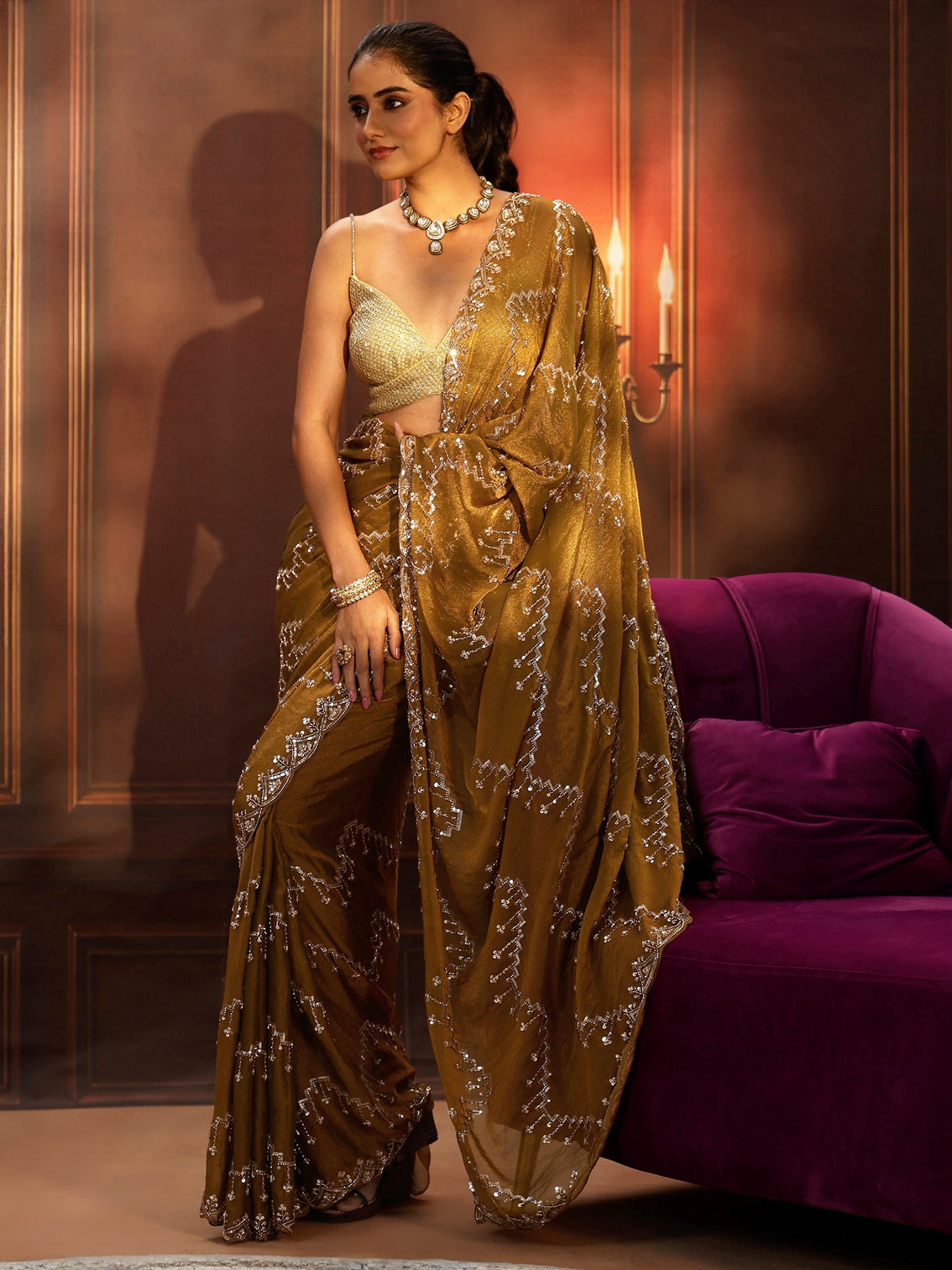 Mameraa Art Rust Brown Embellished Tissue Saree
