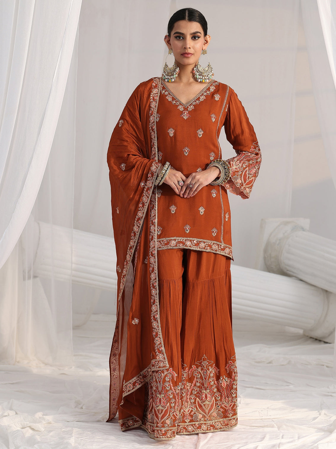 Mameraa Art Rust Brown Floral Embroidered Chinon Sharara Suit Set