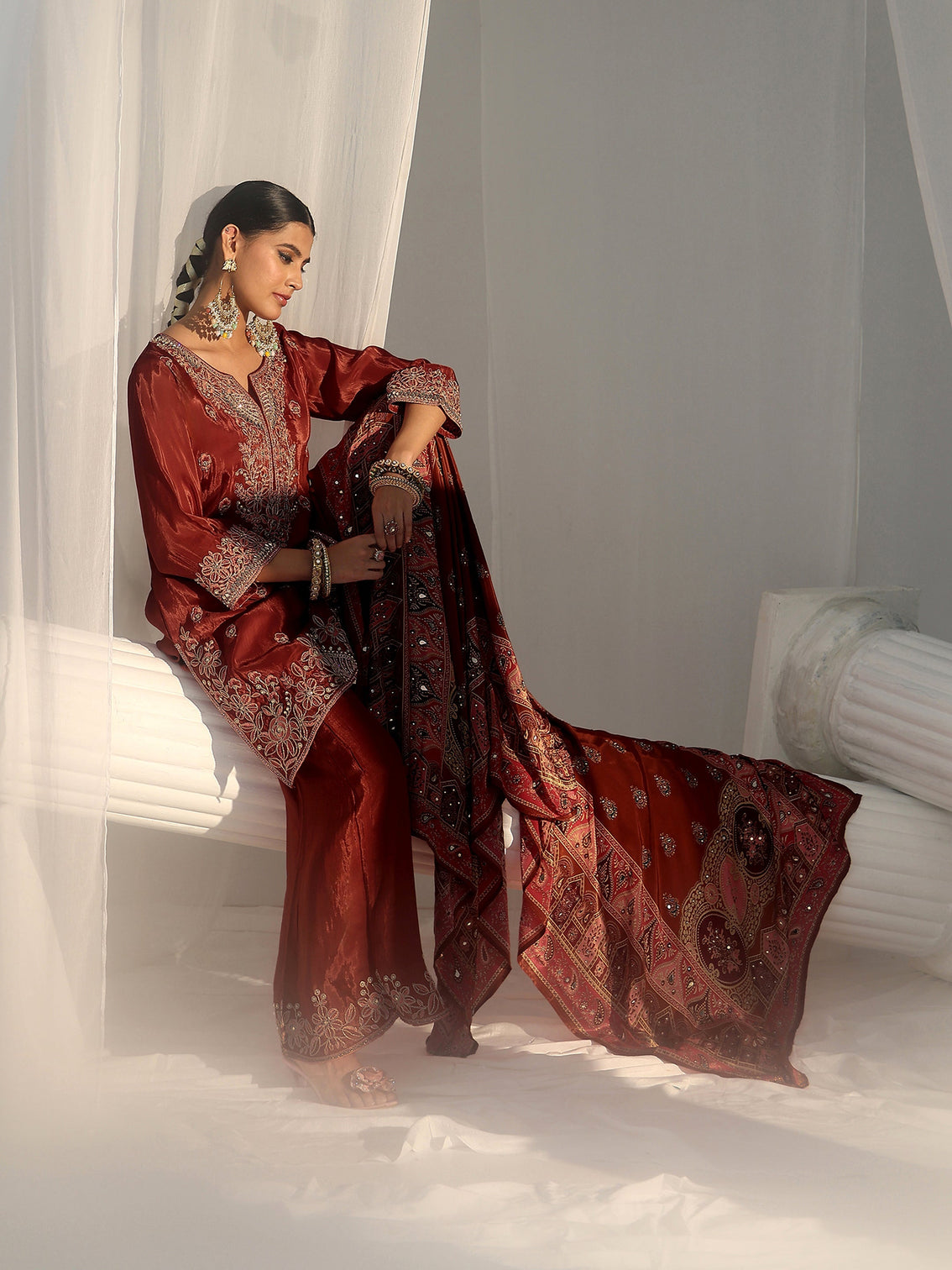 Mameraa Art Rust Brown Floral Embroidered Crepe Palazzo Suit Set