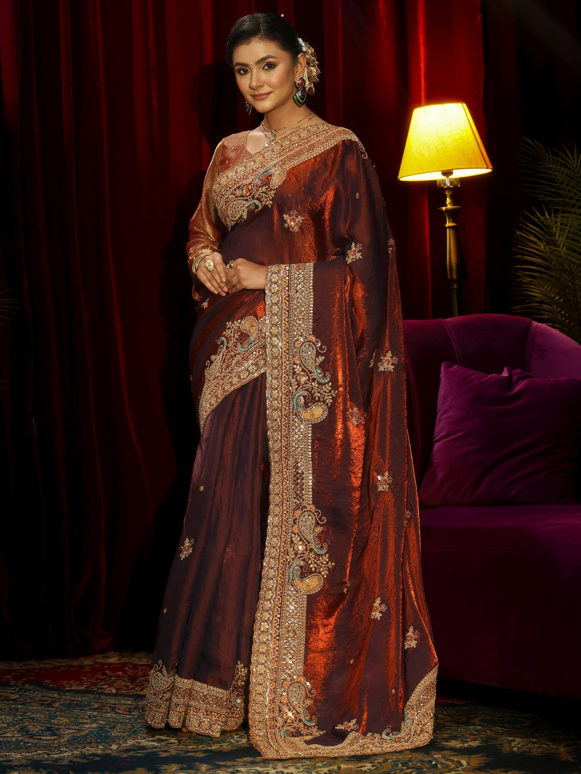 Mameraa Art Rust Brown Sequin Tissue Saree with Embellished Border
