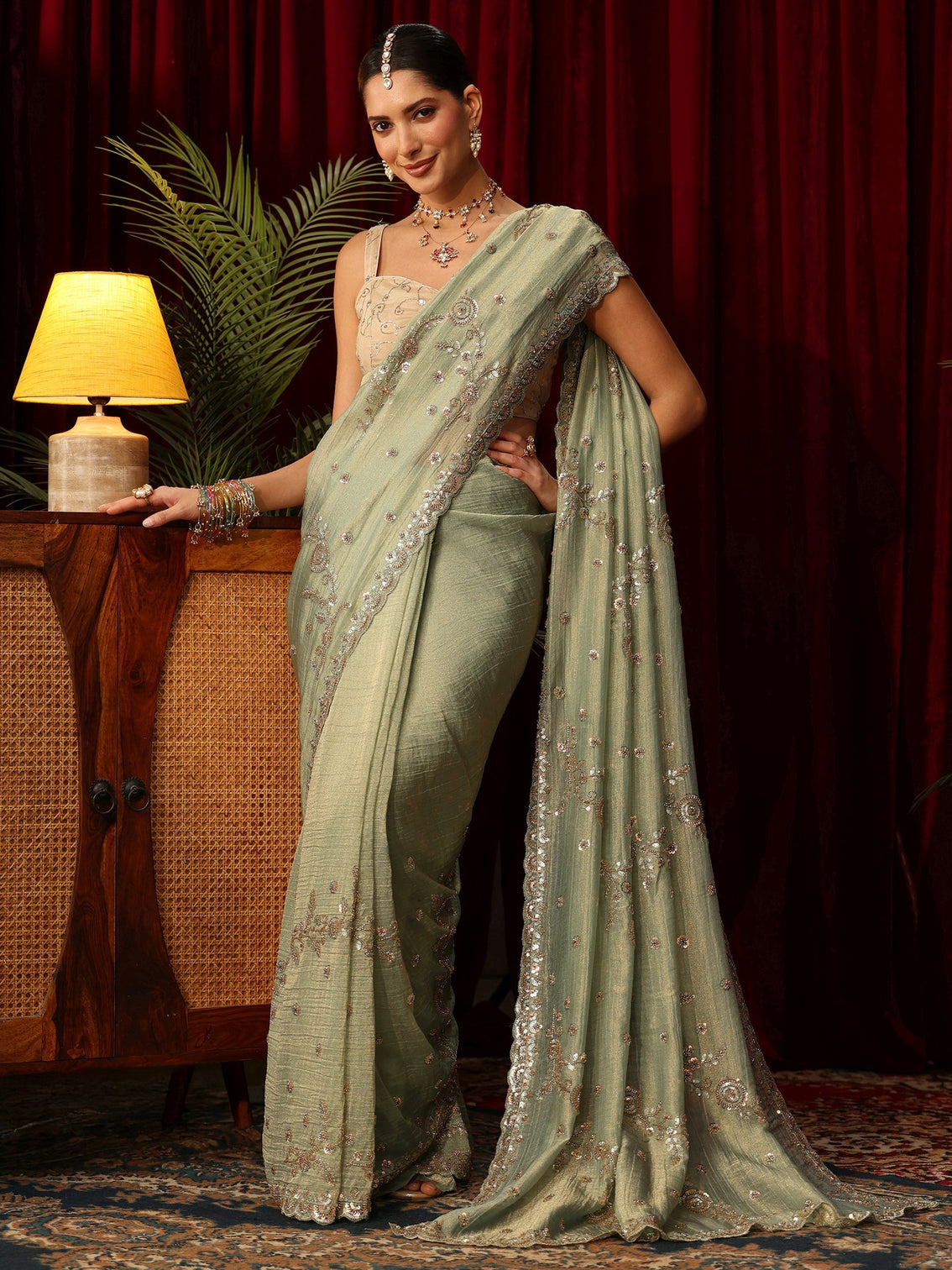 Mameraa Art Sage Green Beads and Sequin Floral Embellished Tissue Saree
