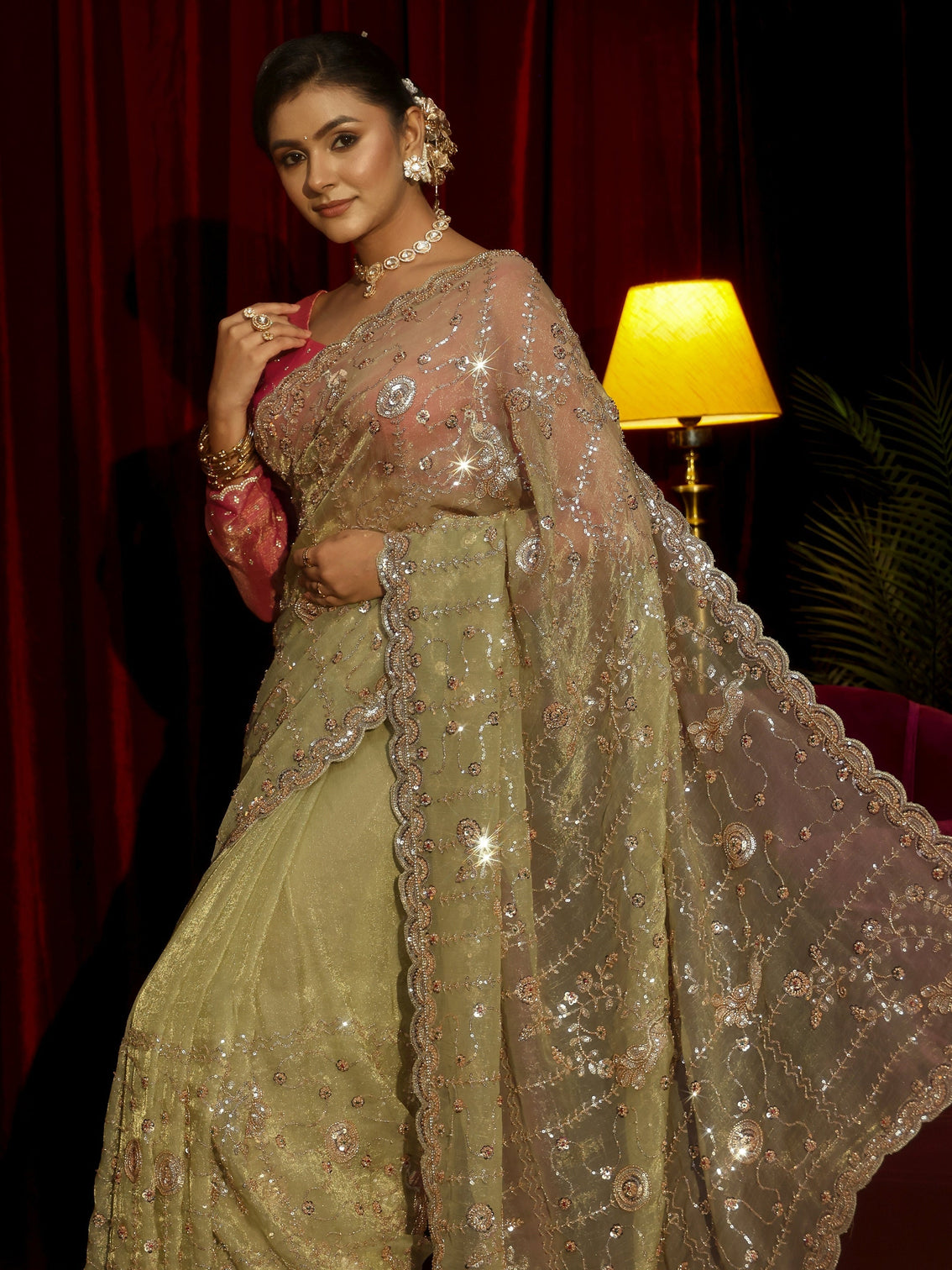 Mameraa Art Sage Green Embellished Tissue Saree