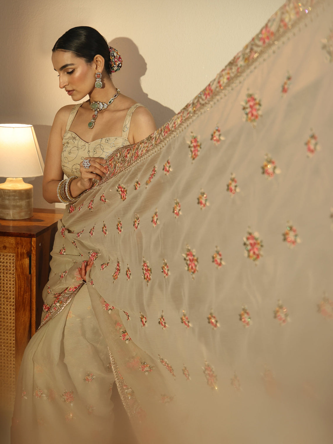 Mameraa Art Sage Green Embellished Tissue Saree