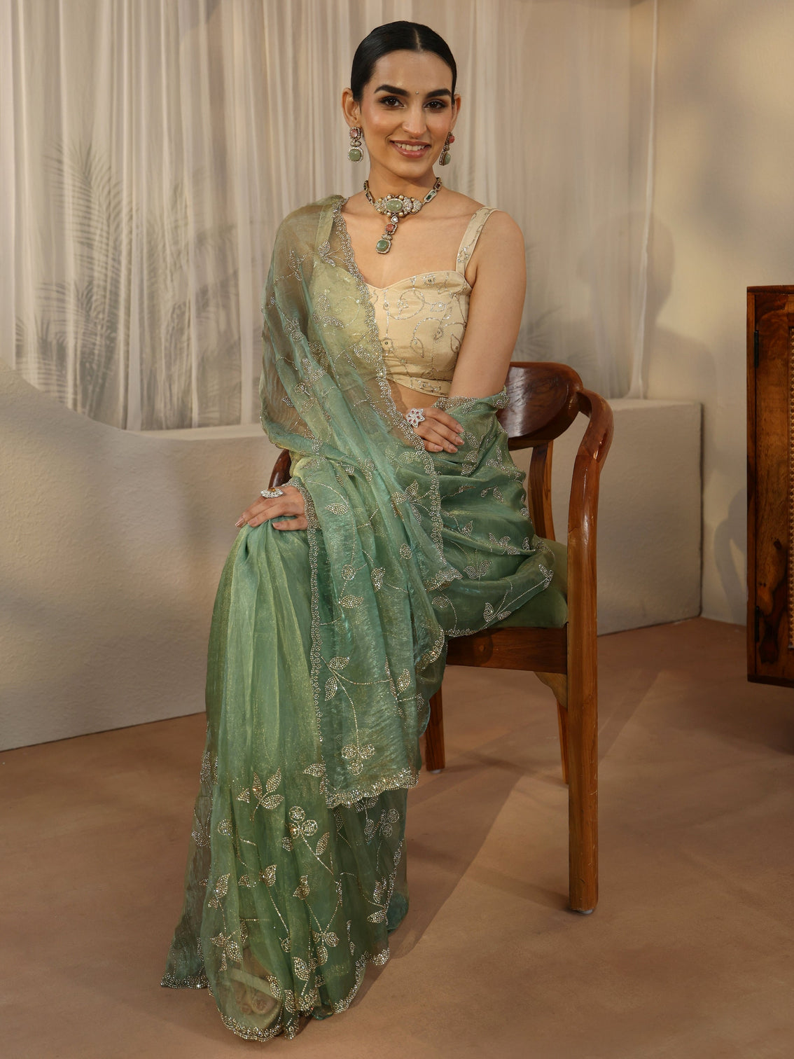Mameraa Art Sage Green Floral Embellished Tissue Saree