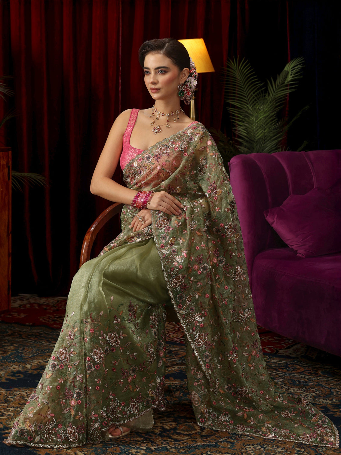 Mameraa Art Sage Green Floral Embellished Tissue Saree