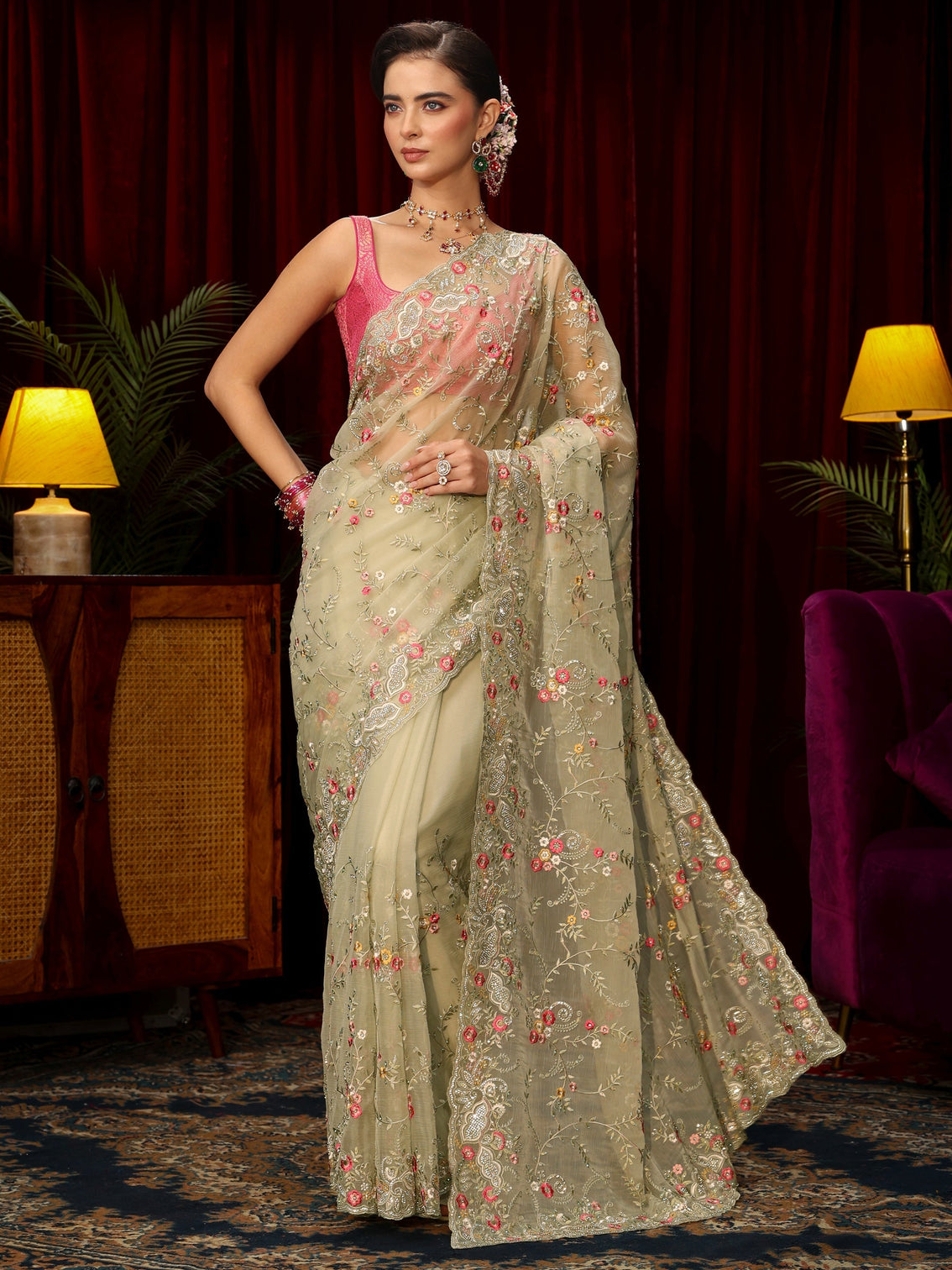 Mameraa Art Sage Green Floral Embroidered Organza Saree