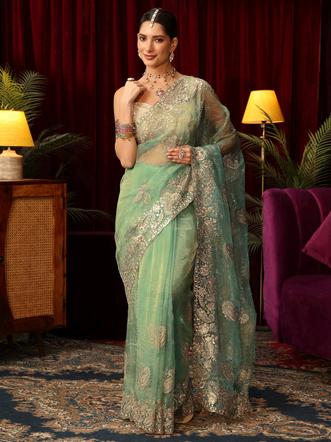 Mameraa Art Sage Green Paisley Embellished Tissue Saree