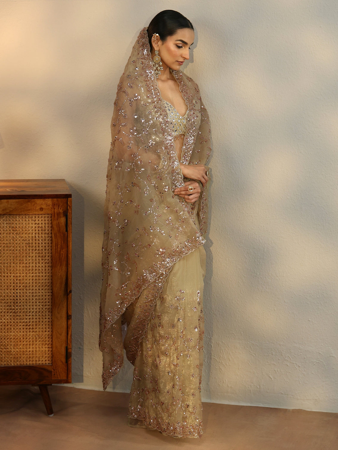 Mameraa Art Sage Green Sequin Embellished Tissue Saree