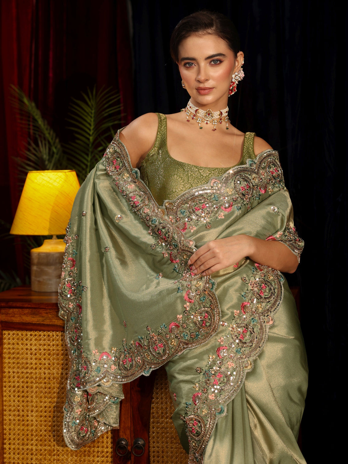 Mameraa Art Sage Green Sequin Silk Blend Saree with Floral Embroidered Border