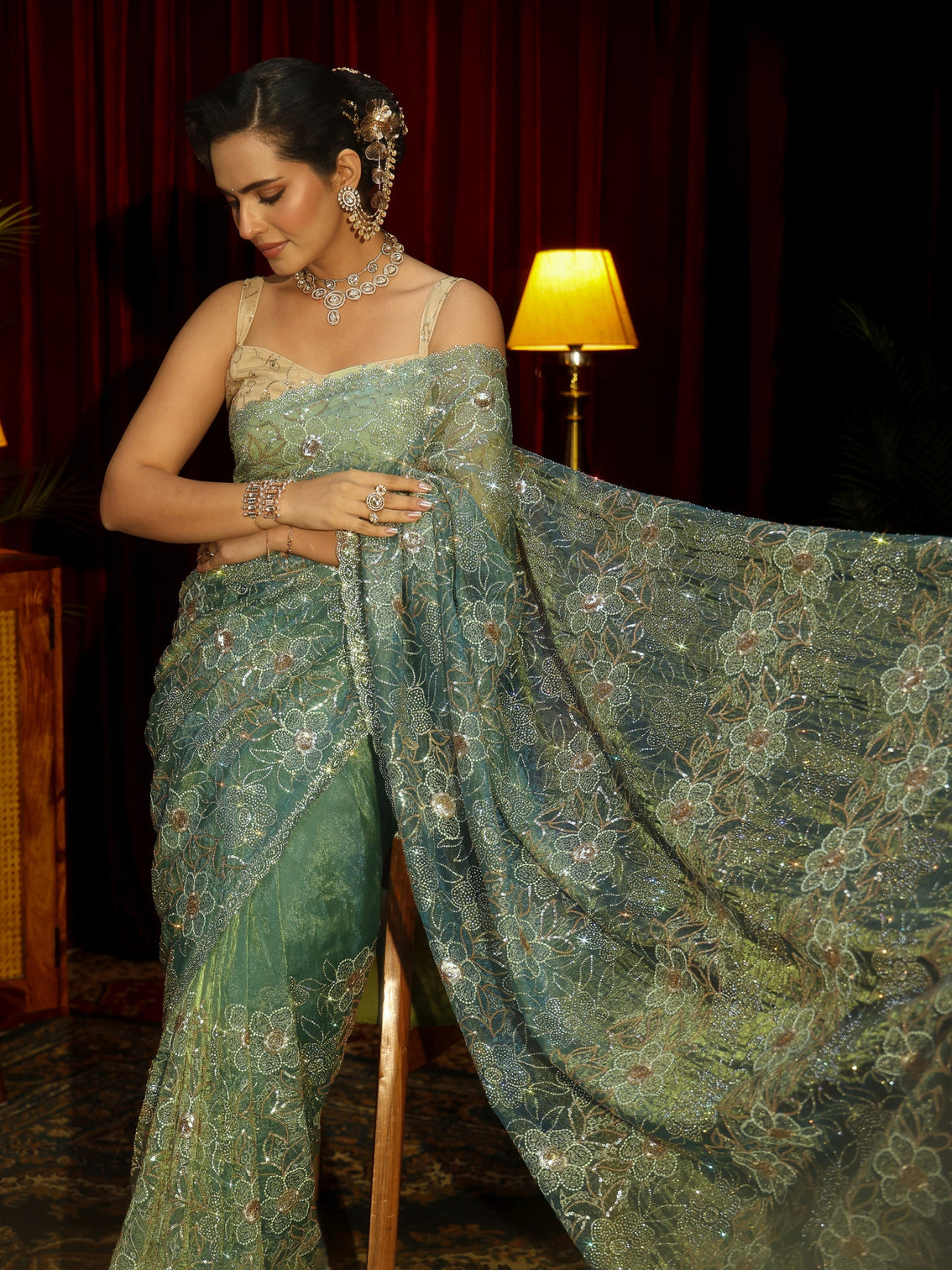 Mameraa Art Sea Green Floral Embellished Tissue Saree - Mameraa