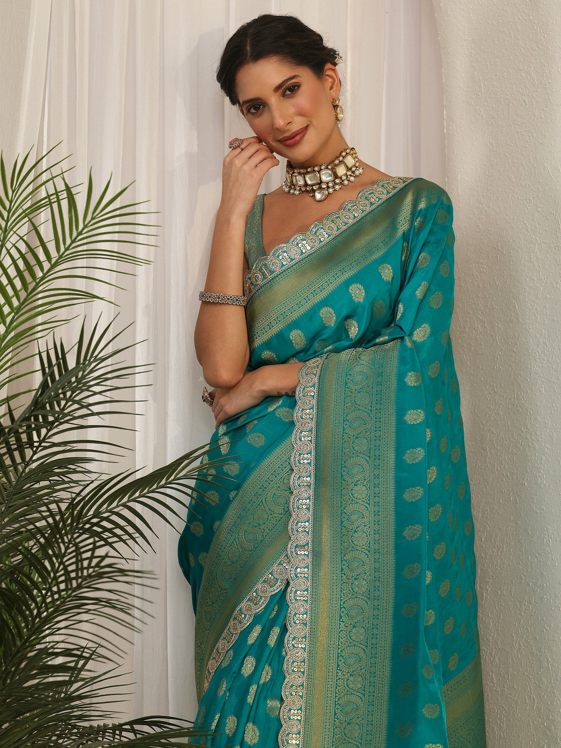 Mameraa Art Sea Green Woven Design Silk Blend Saree