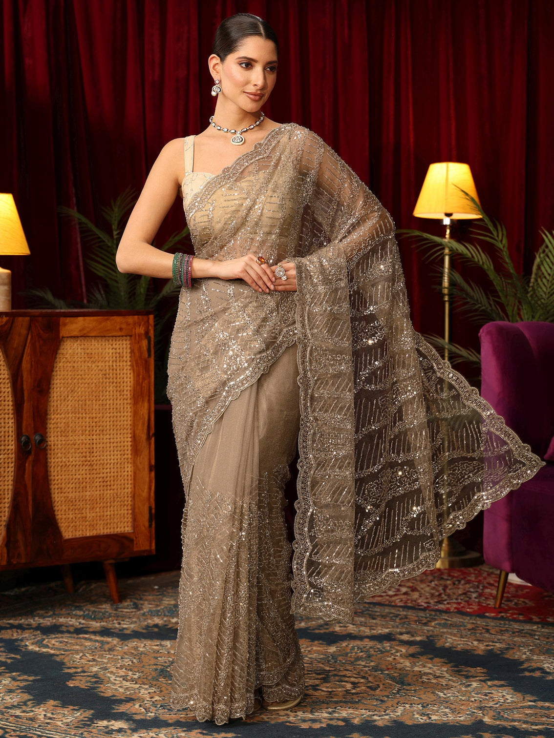 Mameraa Art Taupe Bead and Sequin Embellished Net Saree