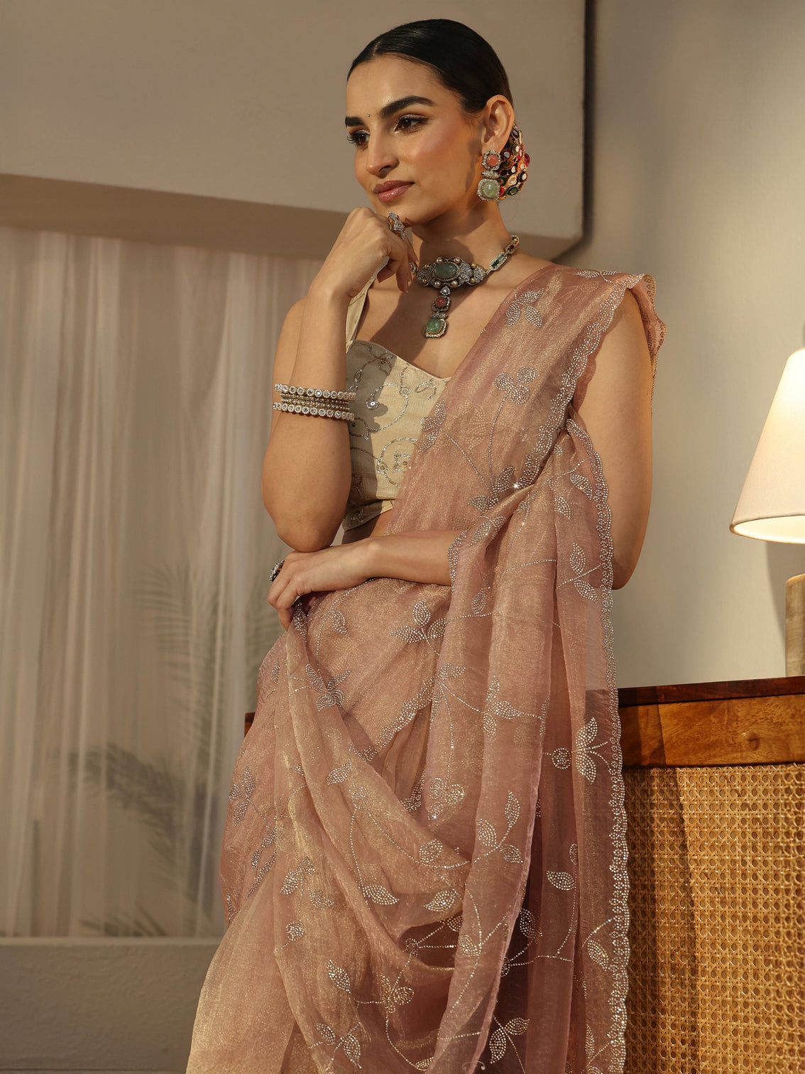 Mameraa Art Taupe Brown Floral Embellished Tissue Saree