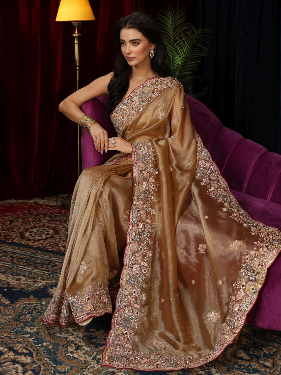 Mameraa Art Taupe Brown Sequin Tissue Saree with Floral Embroidered Border