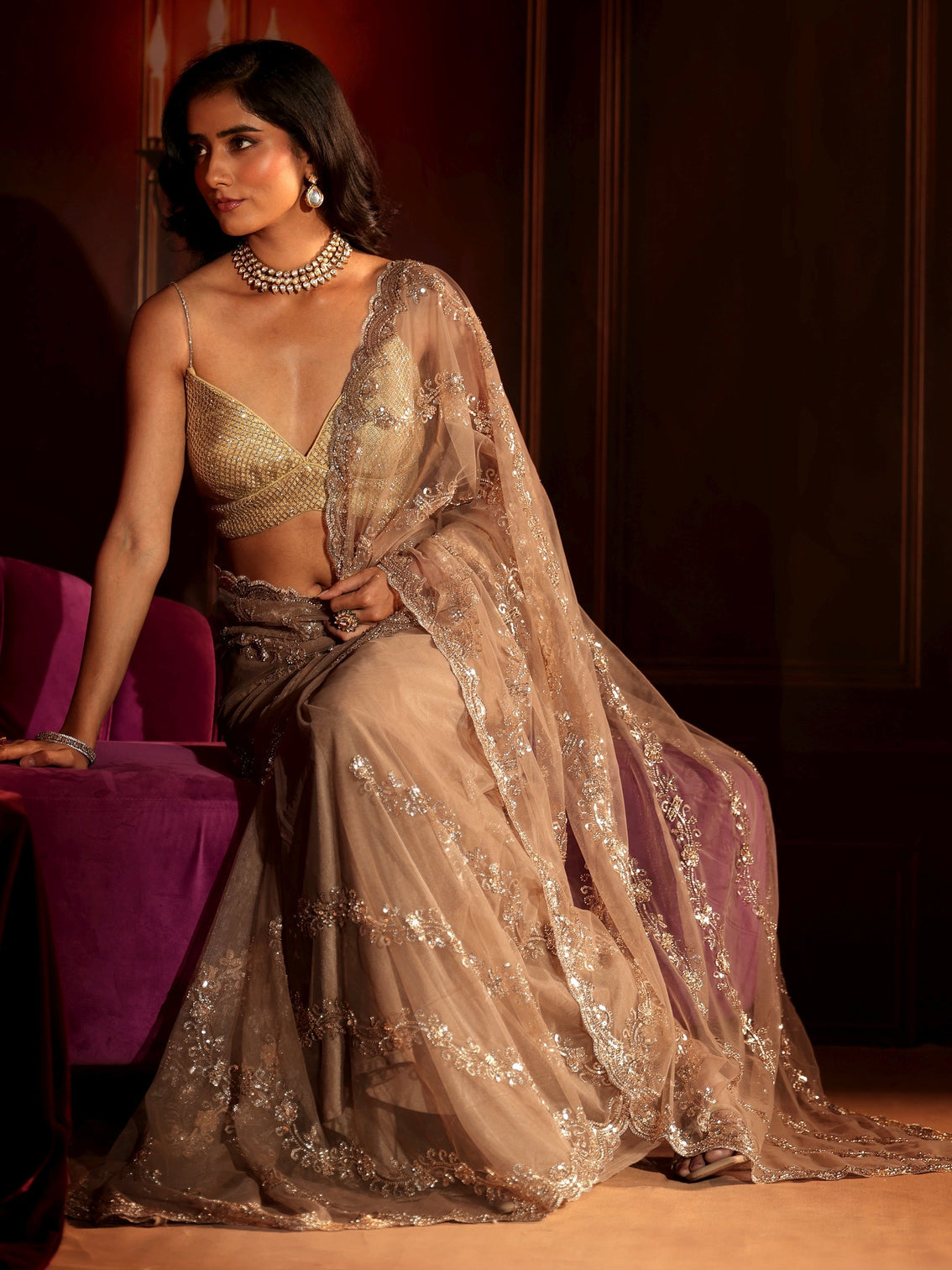 Mameraa Art Taupe Embellished Net Saree