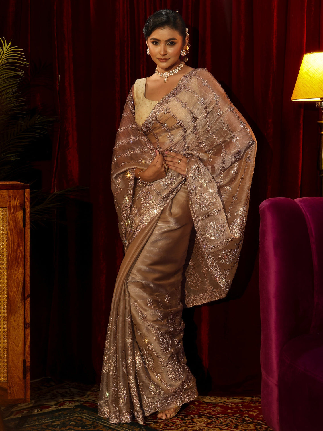 Mameraa Art Taupe Embellished Tissue Saree