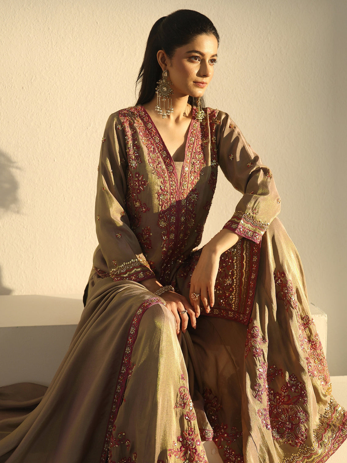 Mameraa Art Taupe Floral Embroidered Organza Palazzo Suit Set