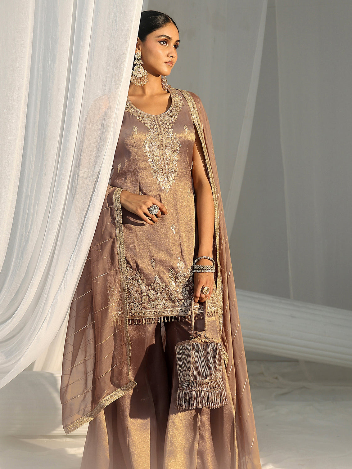 Mameraa Art Taupe Grey Embroidered Sleeveless Tissue Sharara Suit Set