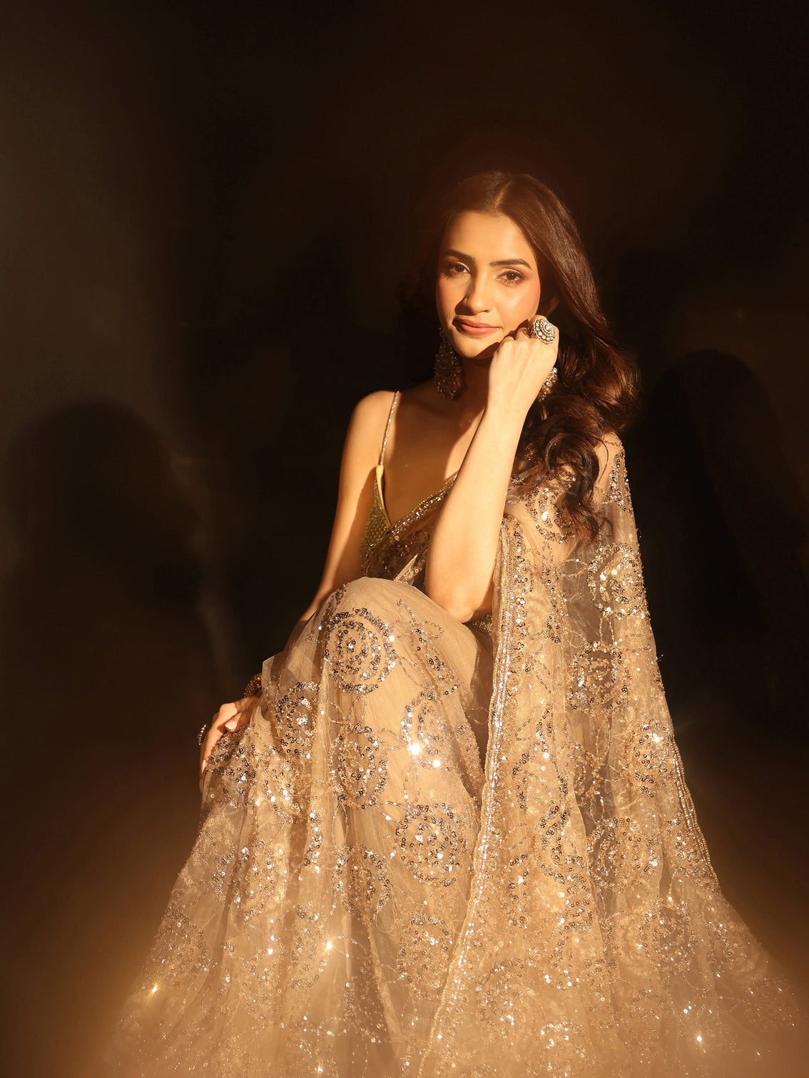 Mameraa Art Taupe Grey Sequinned Rosette Design Net Saree