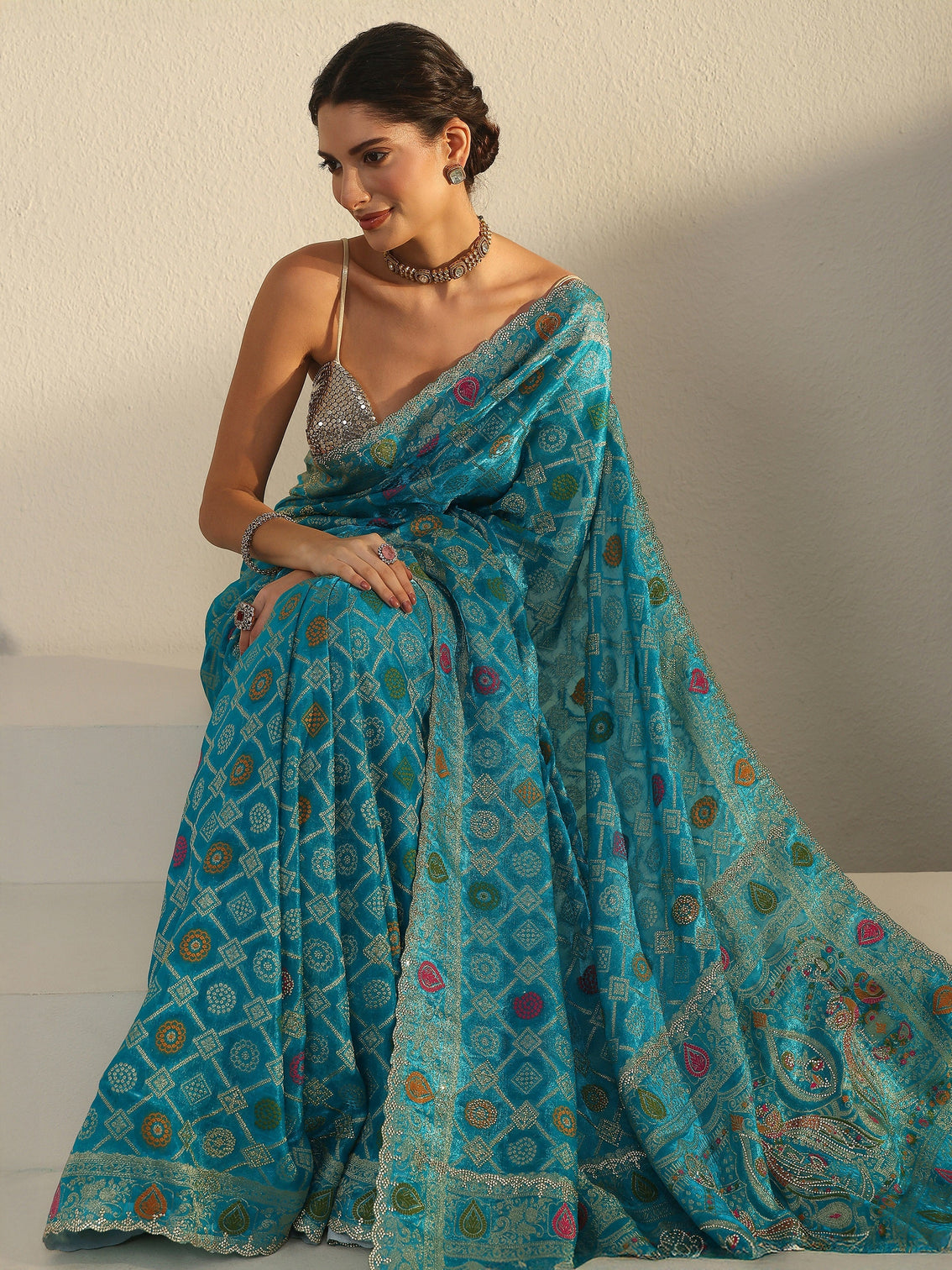 Mameraa Art Teal Blue Bandhani Embellished Chiffon Saree