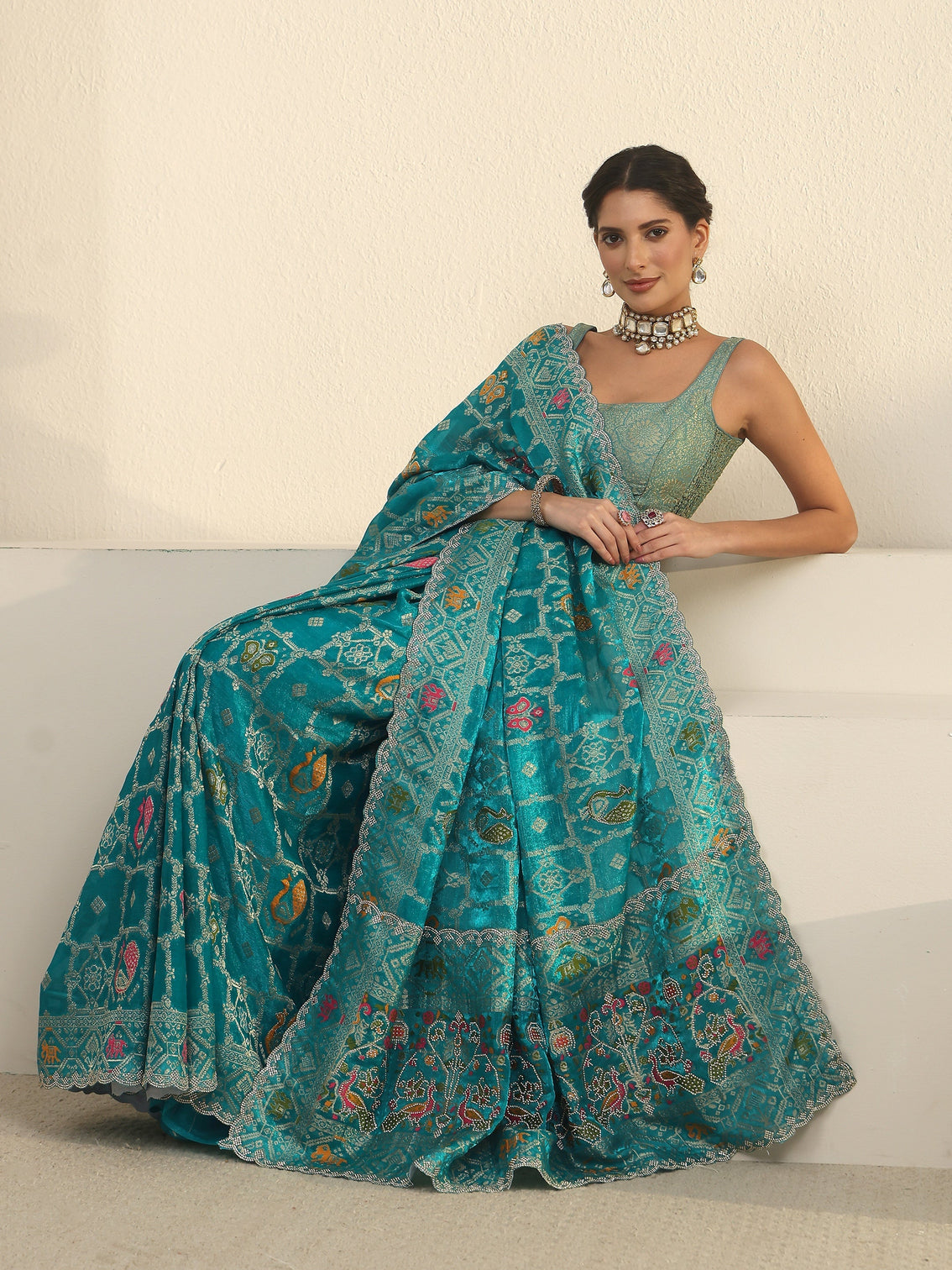 Mameraa Art Teal Blue Embellished Chiffon Saree