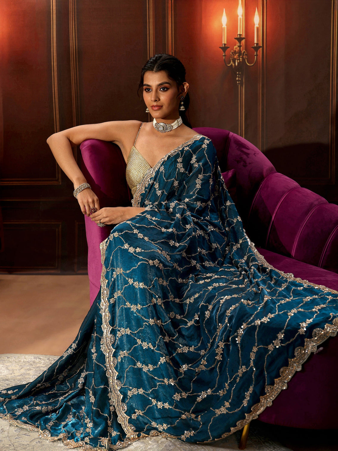 Mameraa Art Teal Blue Embellished Tissue Saree