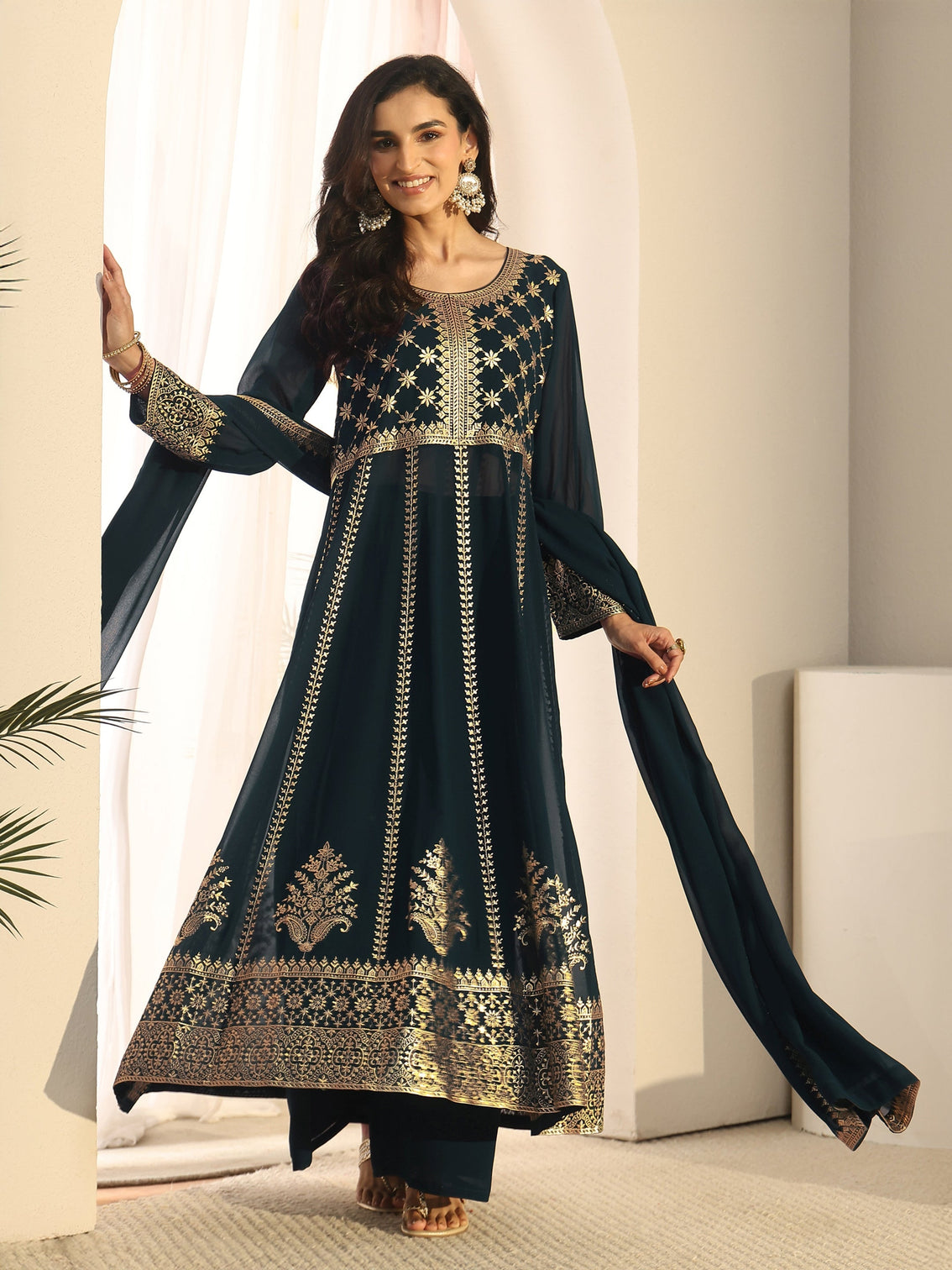 Mameraa Art Teal Blue Floral Embroidered Georgette Anarkali Suit Set