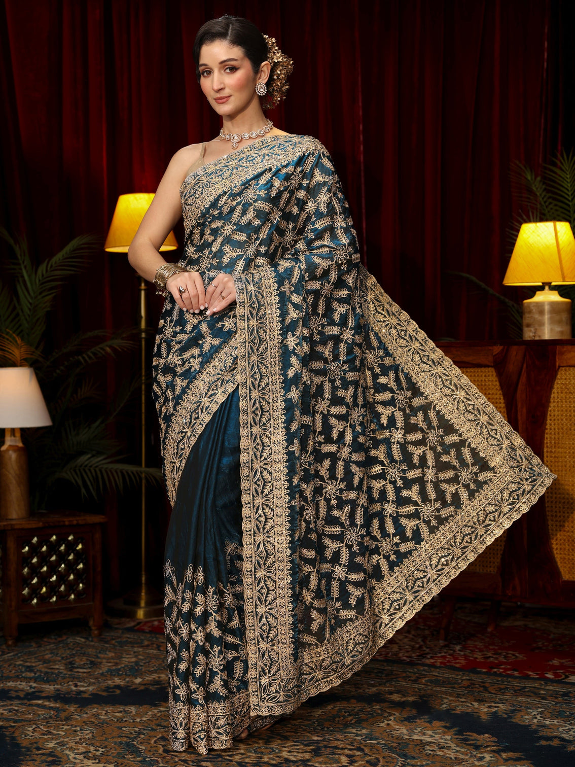 Mameraa Art Teal Blue Leafy Zari Embroidered Tissue Saree