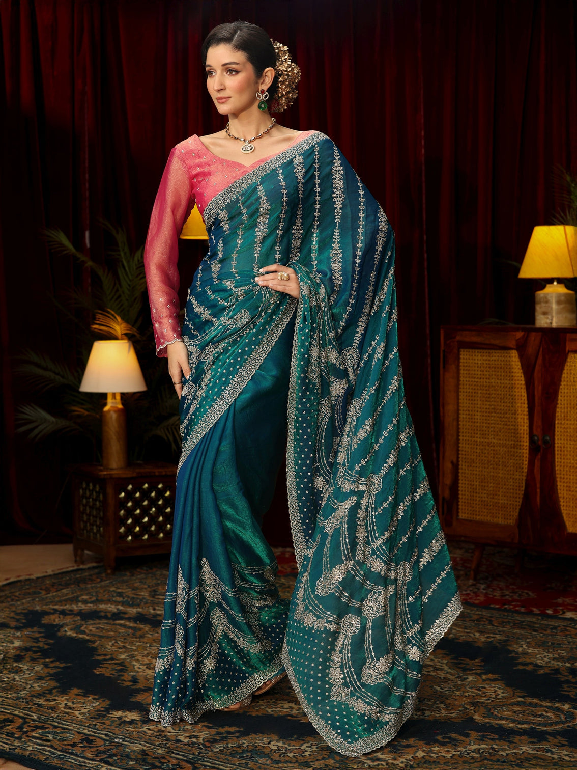 Mameraa Art Teal Blue Sequin Embellished Tissue Saree