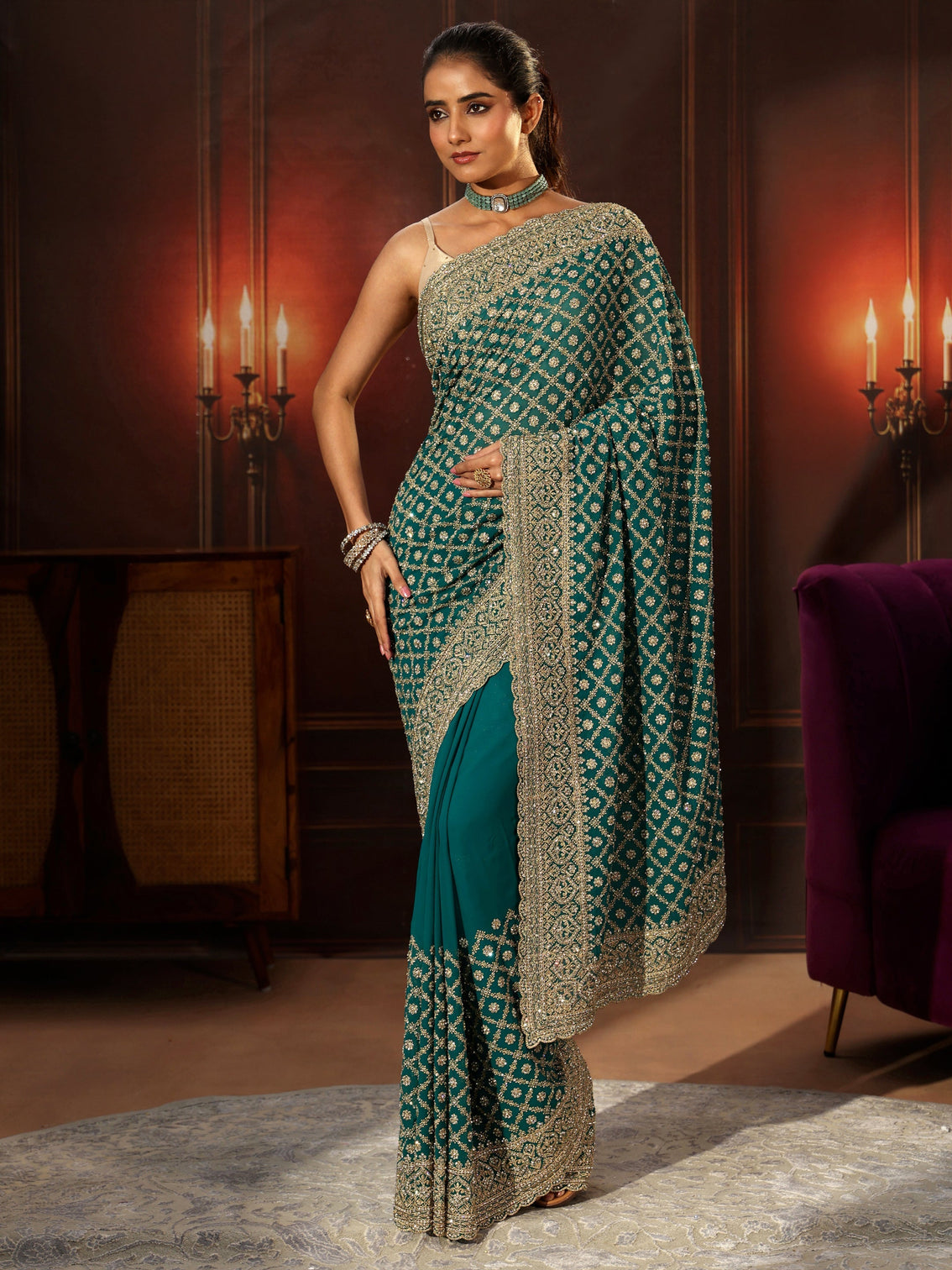 Mameraa Art Teal Green Embellished Georgette Saree