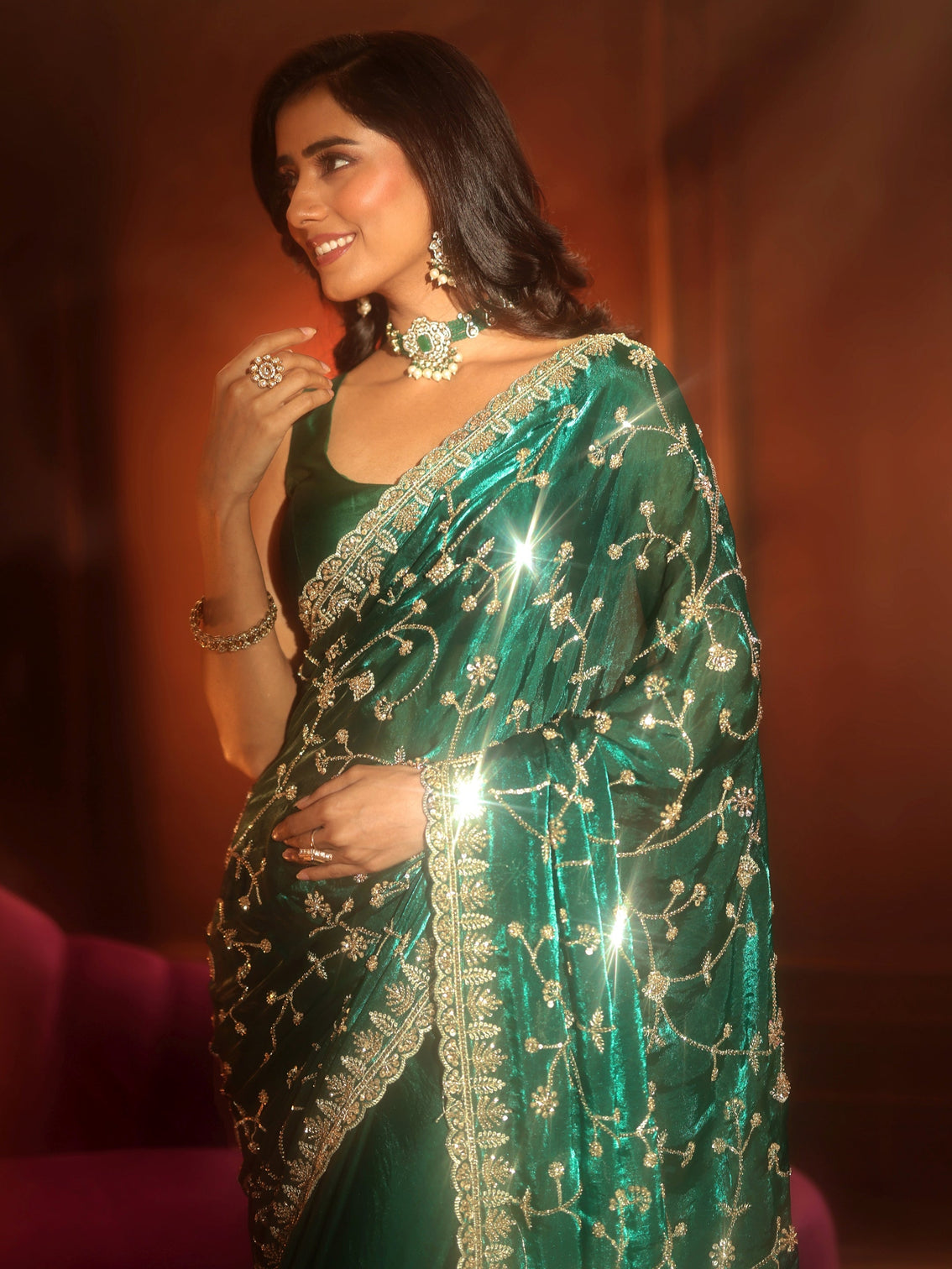 Mameraa Art Teal Green Floral Embellished Tissue Saree